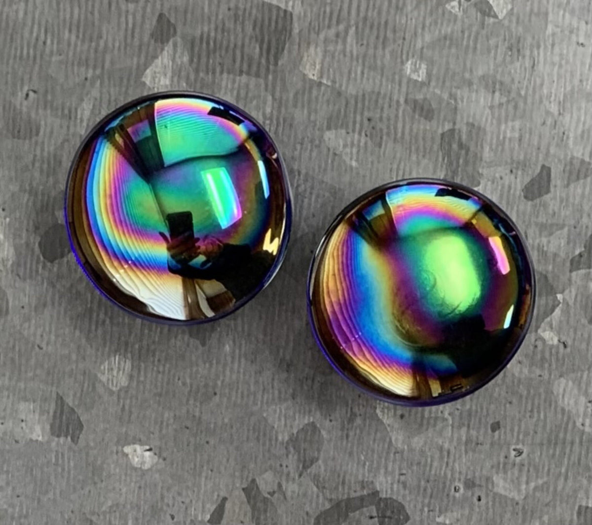 PAIR of Stunning Oil Slick Design Pyrex Glass Double Flare Plugs - Gauges 1/2" (12mm) through 1&3/16" (30mm) available!