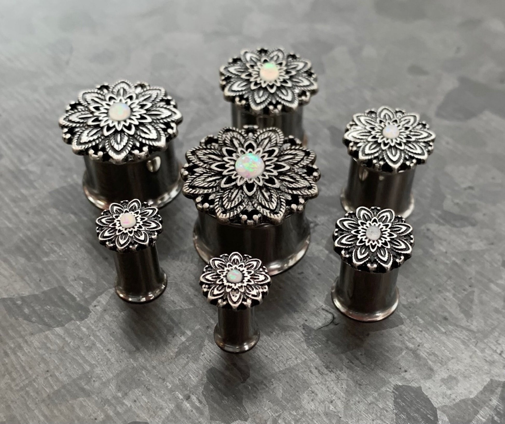 PAIR of Stunning Antique Silver Lotus with Opal Center Surgical Steel Double Flare Tunnels - Gauges 2g (6mm) thru 5/8" (16mm) available!