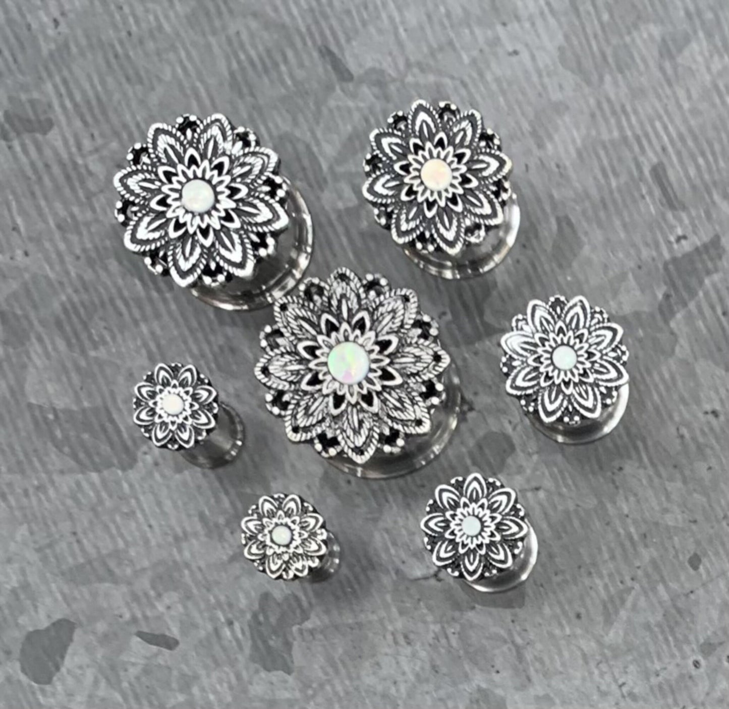 PAIR of Stunning Antique Silver Lotus with Opal Center Surgical Steel Double Flare Tunnels - Gauges 2g (6mm) thru 5/8" (16mm) available!