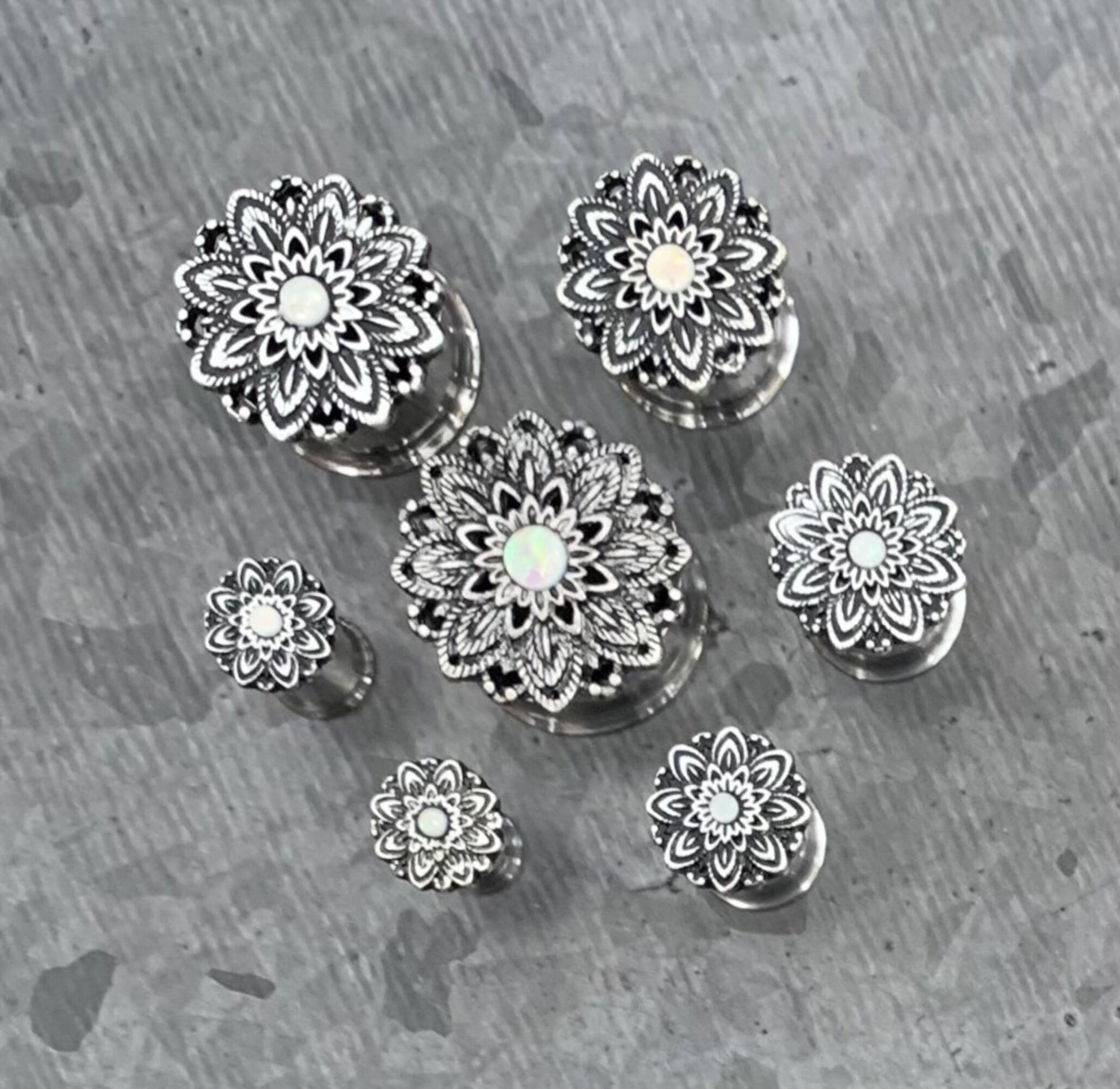 PAIR of Stunning Antique Silver Lotus with Opal Center Surgical Steel Double Flare Tunnels - Gauges 2g (6mm) thru 5/8" (16mm) available!