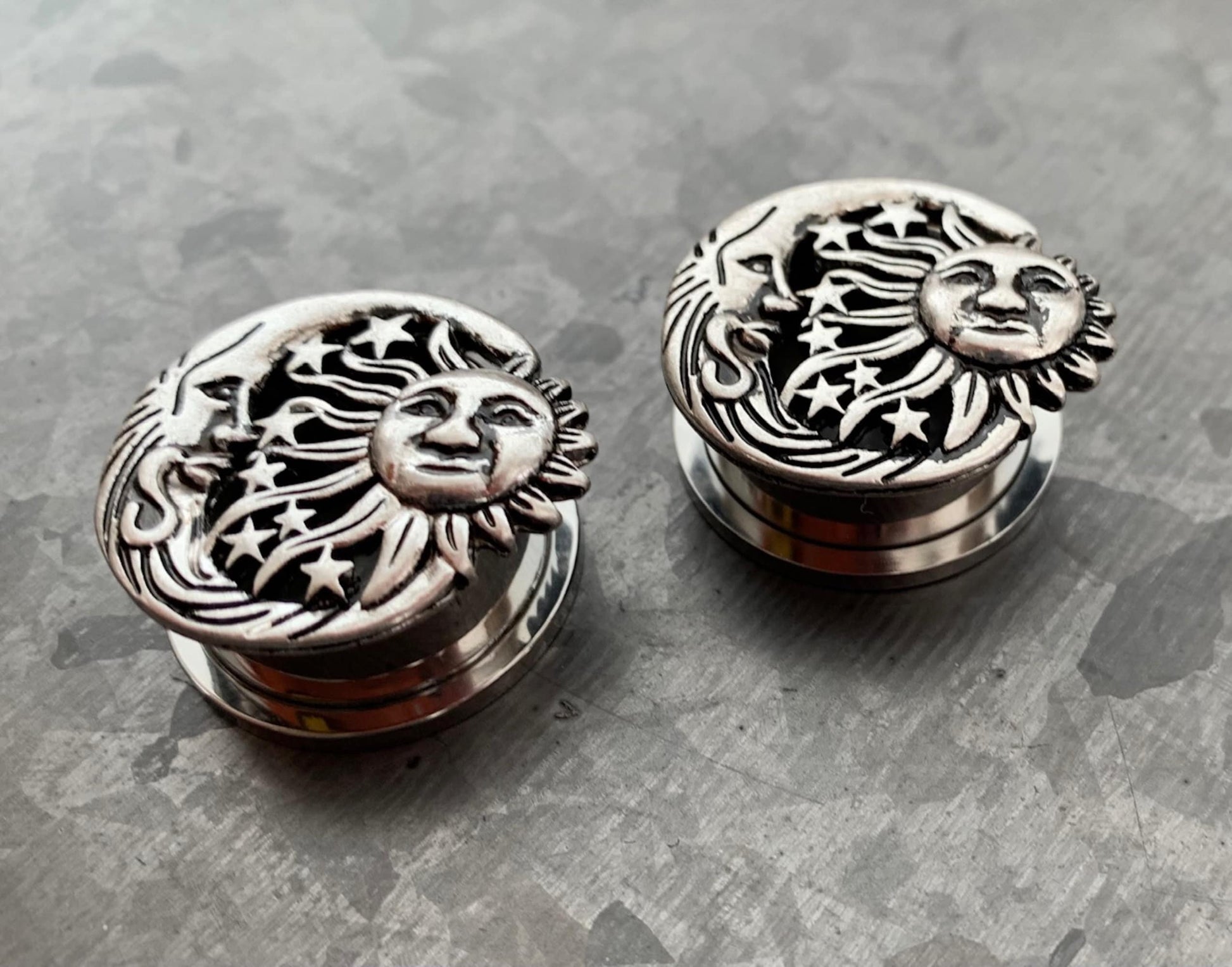 PAIR of Beautiful Moon, Star & Sun Celestial Steel Screw Fit Stainless Steel Tunnels
