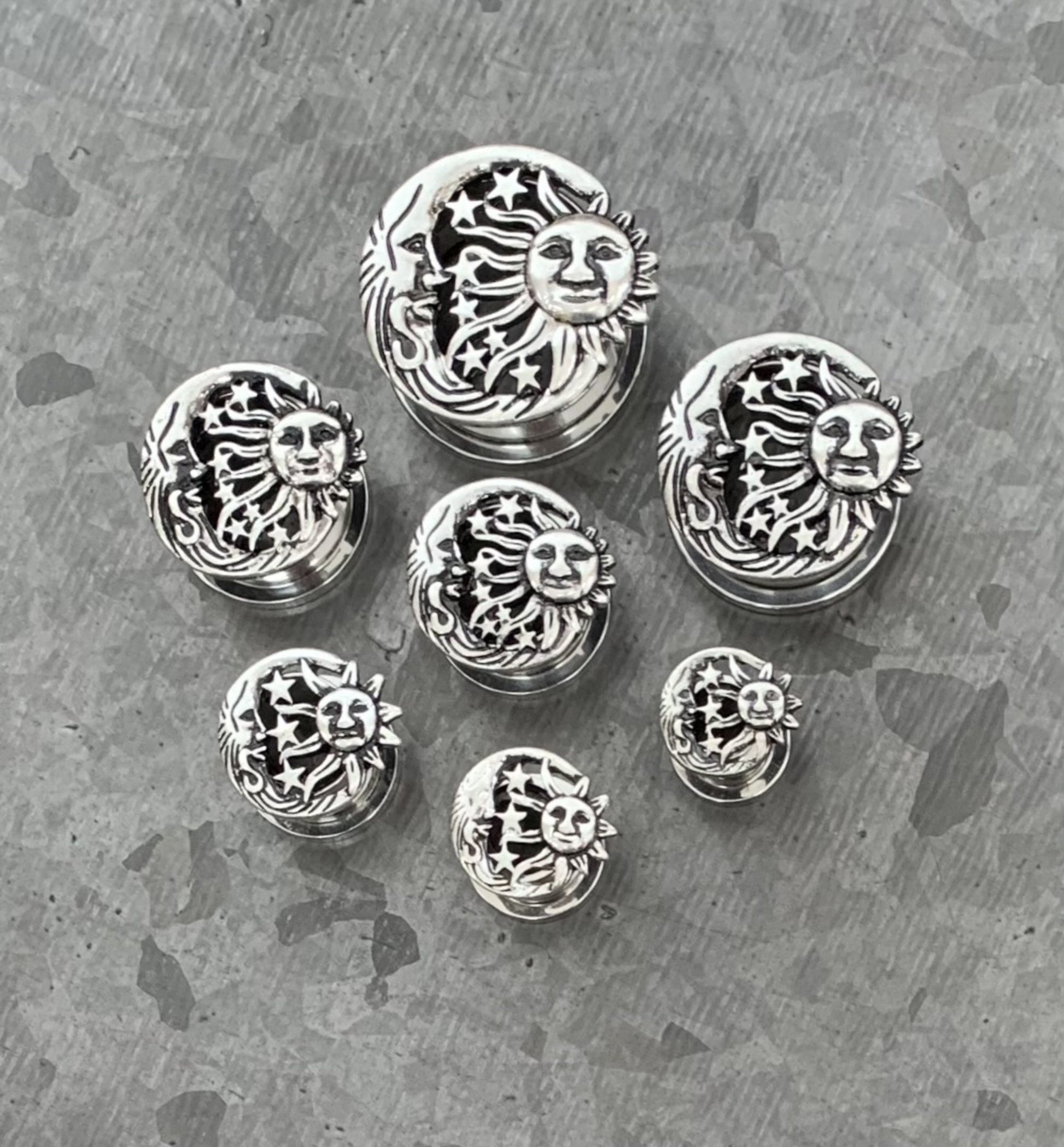 PAIR of Beautiful Moon, Star & Sun Celestial Steel Screw Fit Stainless Steel Tunnels
