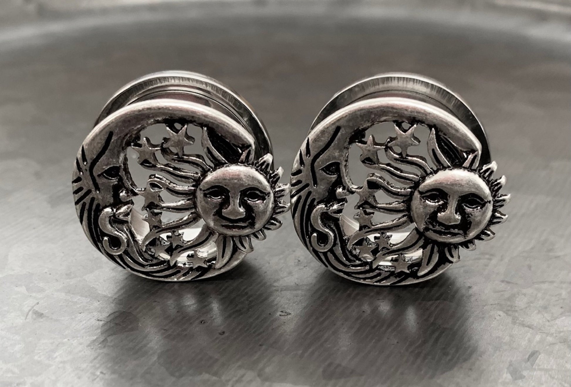 PAIR of Beautiful Moon, Star & Sun Celestial Steel Screw Fit Stainless Steel Tunnels