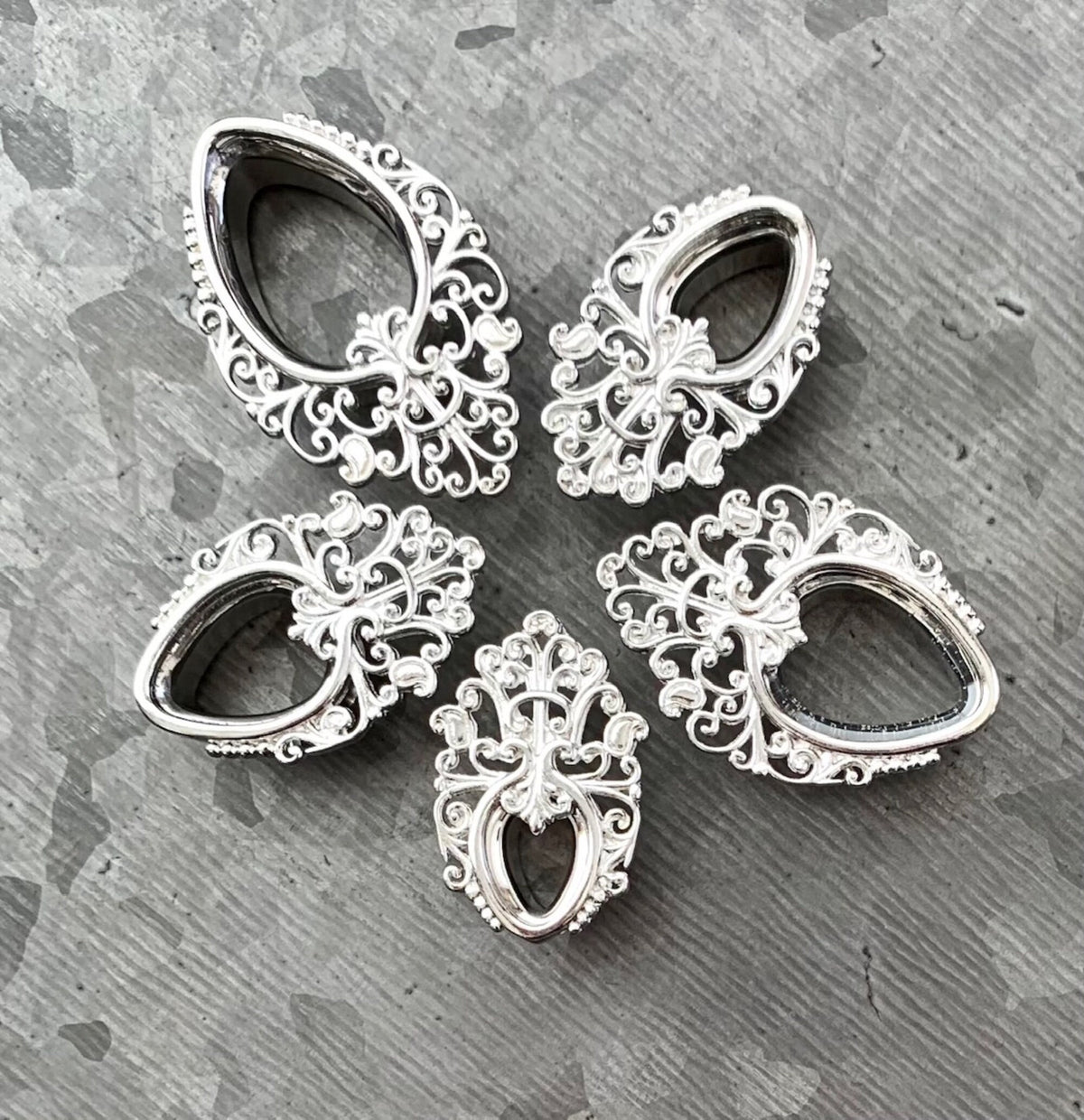 PAIR of Elegant Filigree Teardrop Double Flare Tunnels/Plugs in Silver or Gold - Gauges 0g (8mm) thru 5/8" (16mm) available!