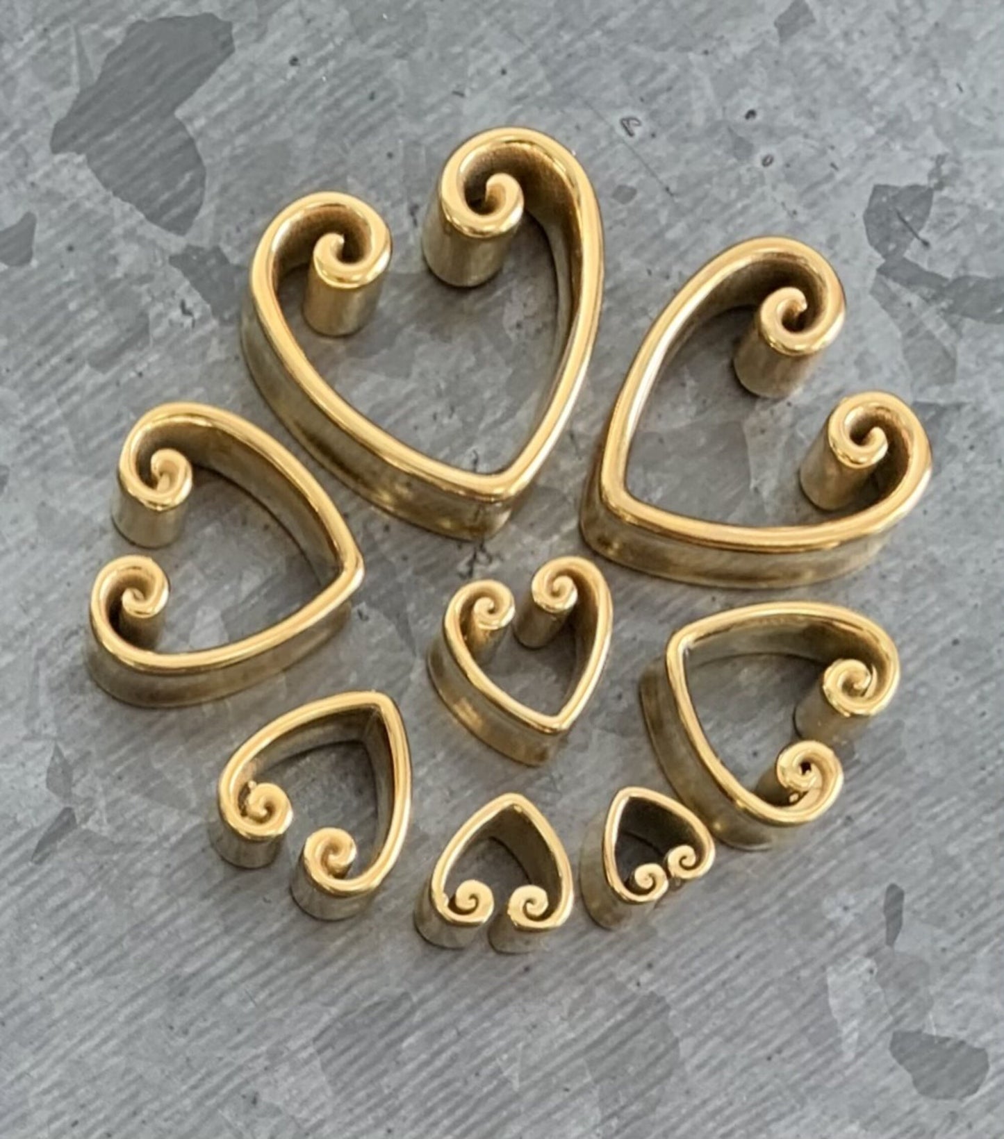 PAIR of Beautiful Vintage Heart Steel Double Flare Saddle Tunnels/Plugs - Silver, Gold & Black - Gauges 00g (10mm) thru 1" (25mm) available!
