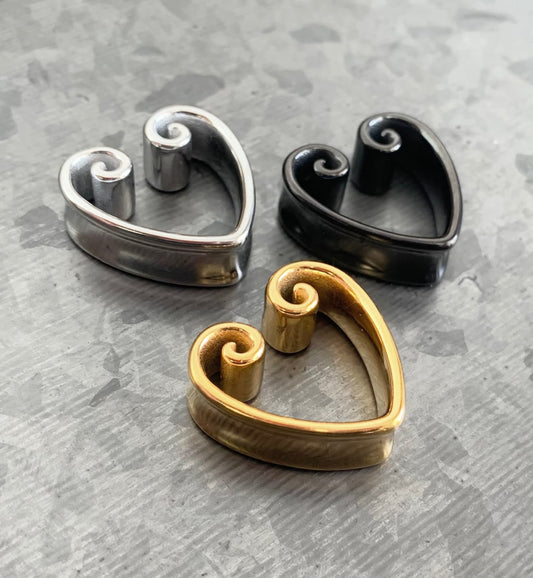 PAIR of Beautiful Vintage Heart Steel Double Flare Saddle Tunnels/Plugs - Silver, Gold & Black - Gauges 00g (10mm) thru 1" (25mm) available!