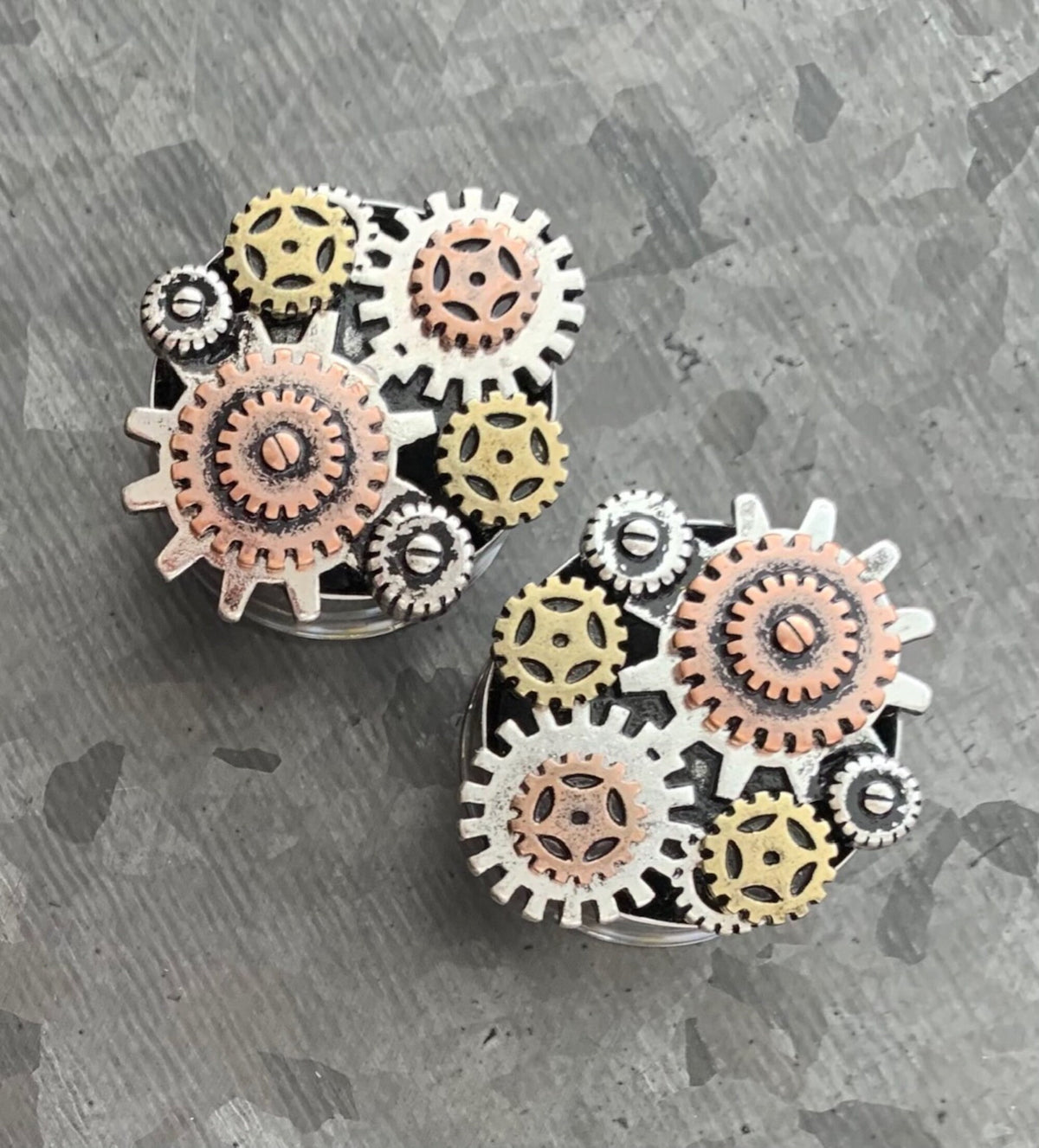 PAIR of Unique Steampunk Gear Surgical Steel Double Flare Tunnels/Plugs - Gauges 2g (6mm) thru 1" (25mm) available!