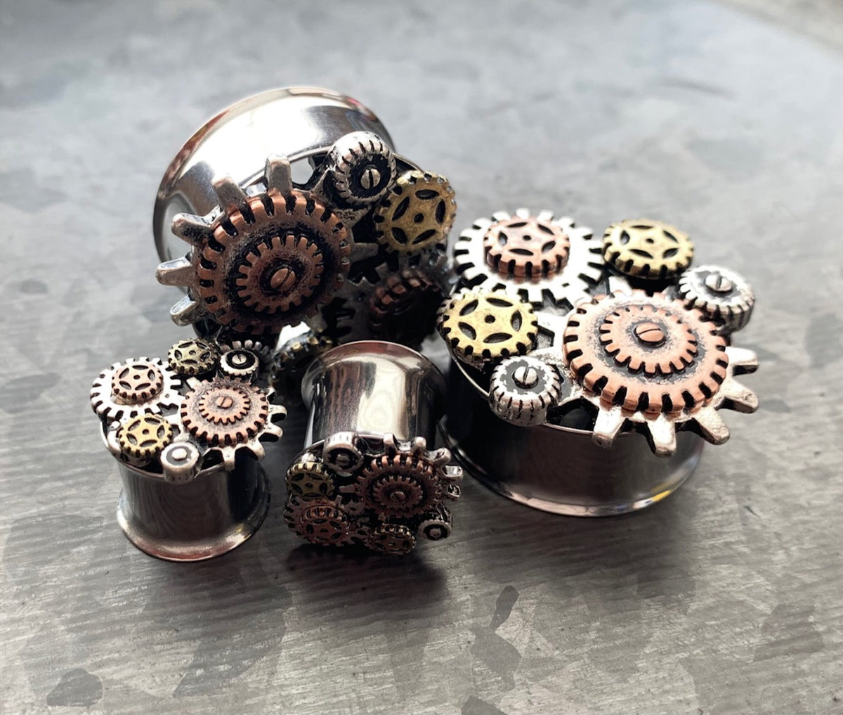 PAIR of Unique Steampunk Gear Surgical Steel Double Flare Tunnels/Plugs - Gauges 2g (6mm) thru 1" (25mm) available!