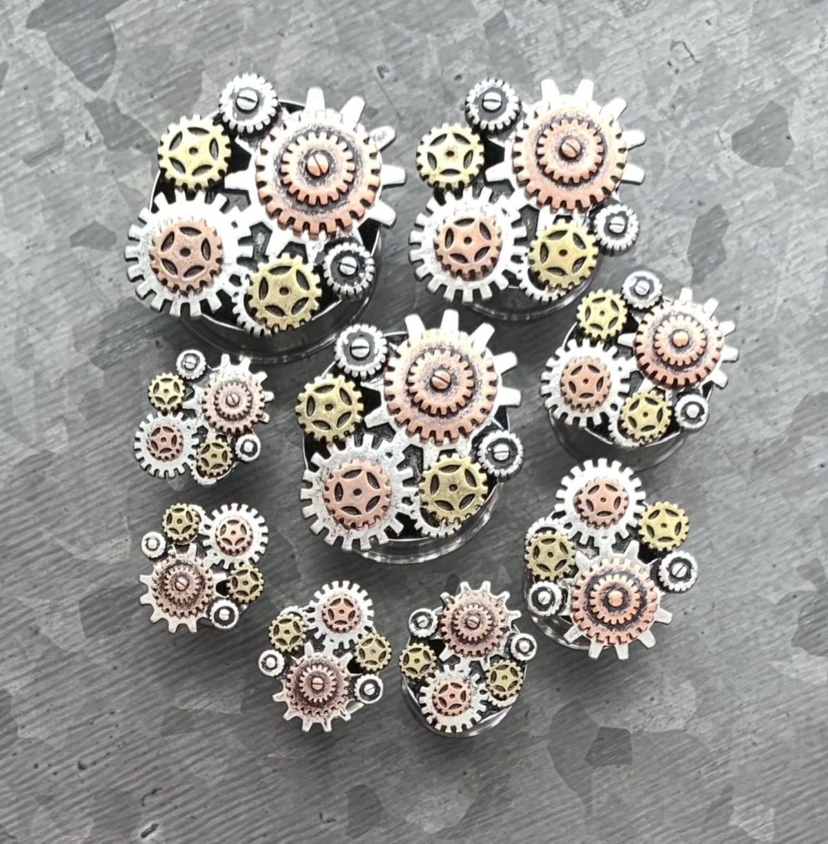 PAIR of Unique Steampunk Gear Surgical Steel Double Flare Tunnels/Plugs - Gauges 2g (6mm) thru 1" (25mm) available!