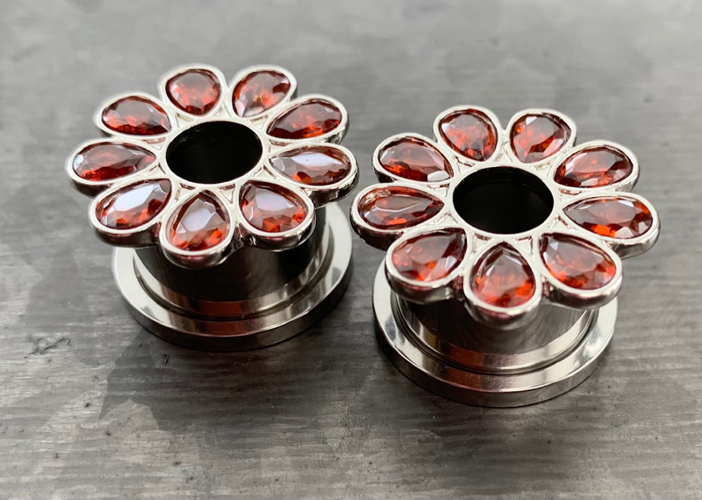 PAIR of Stunning CZ Gem Set Flower Steel Screw Fit Tunnels/Plugs - Clear, Red or Blue - Gauges 4g (5mm) thru 5/8" (16mm) available!