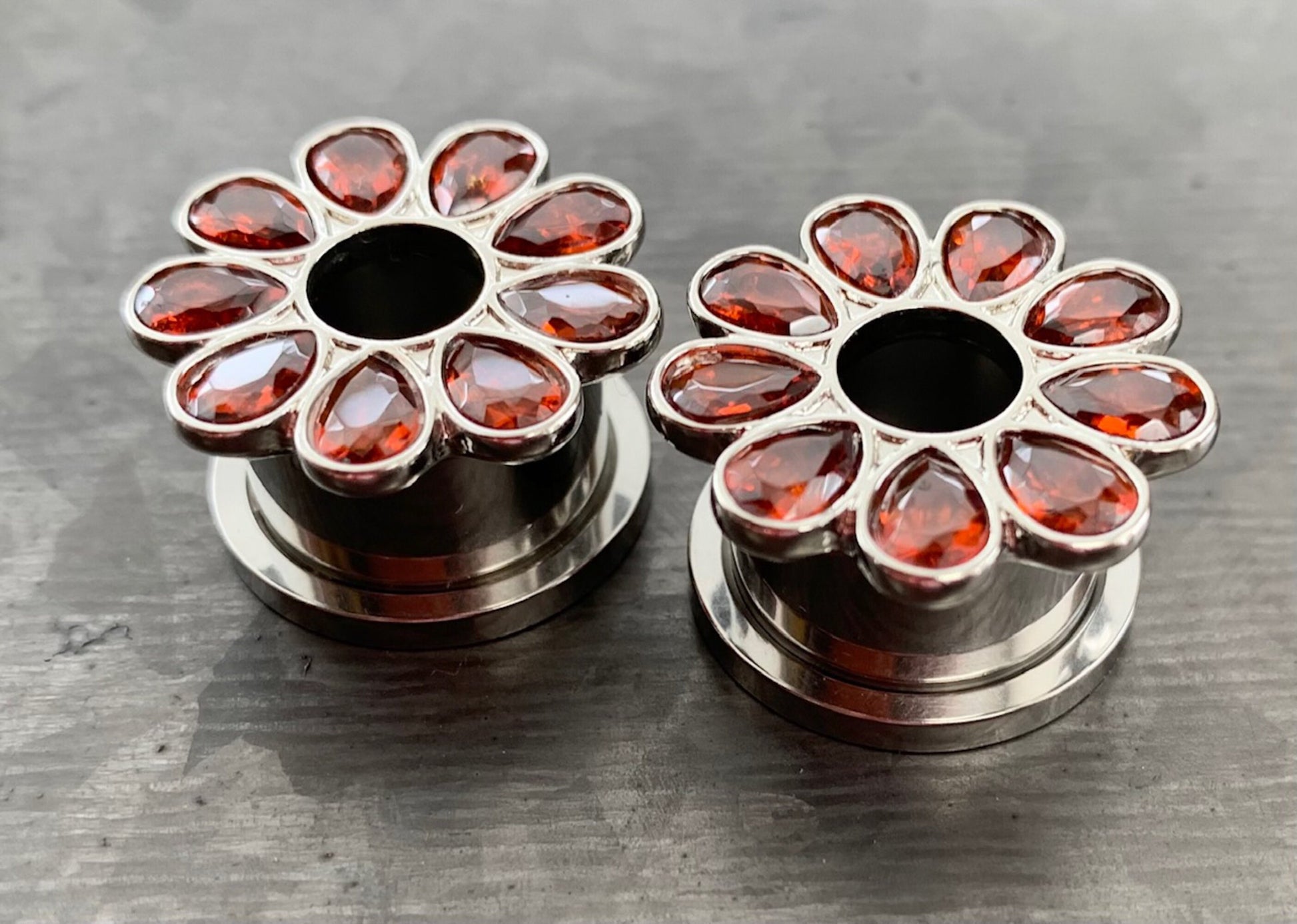PAIR of Stunning CZ Gem Set Flower Steel Screw Fit Tunnels/Plugs - Clear, Red or Blue - Gauges 4g (5mm) thru 5/8" (16mm) available!