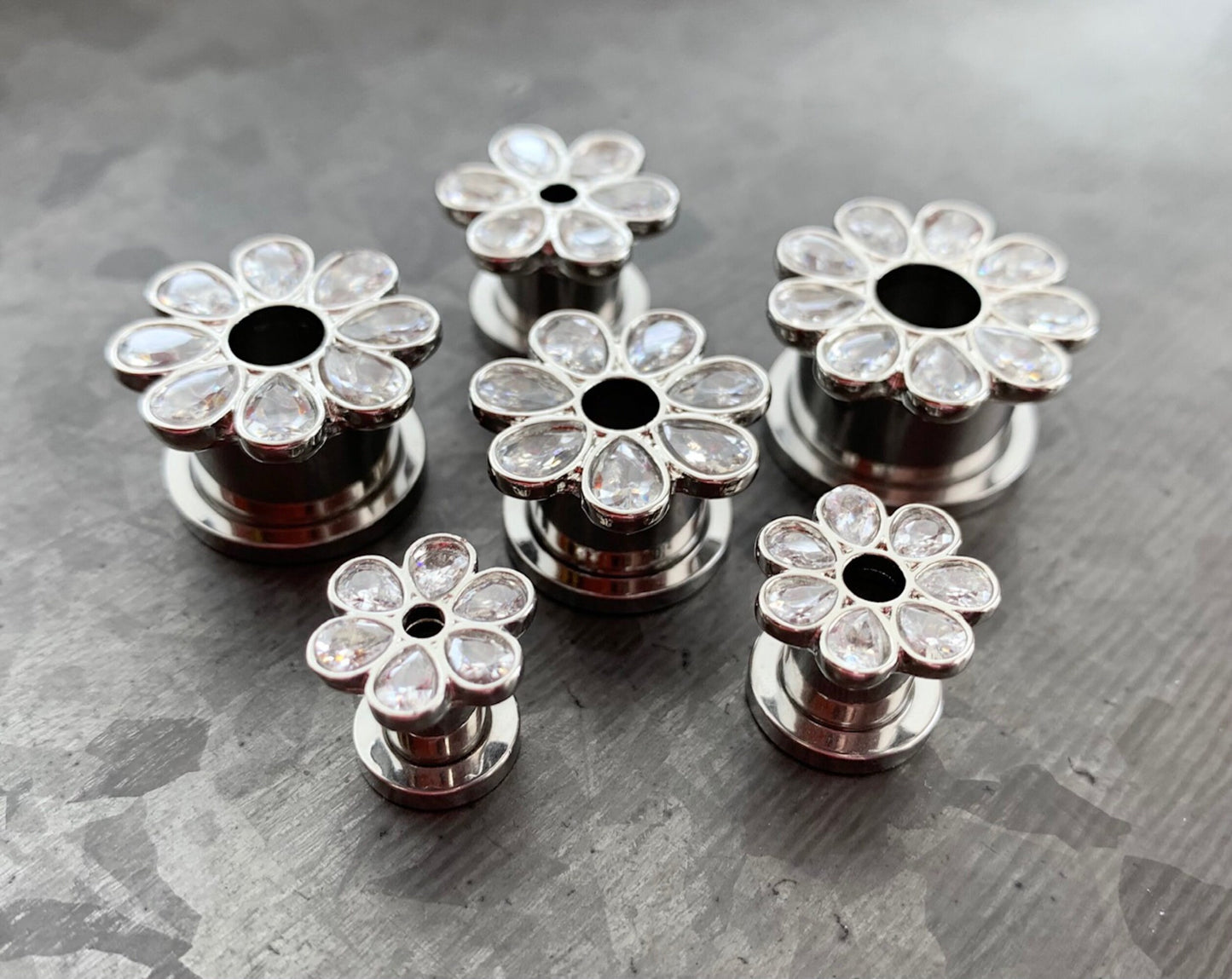 PAIR of Stunning CZ Gem Set Flower Steel Screw Fit Tunnels/Plugs - Clear, Red or Blue - Gauges 4g (5mm) thru 5/8" (16mm) available!