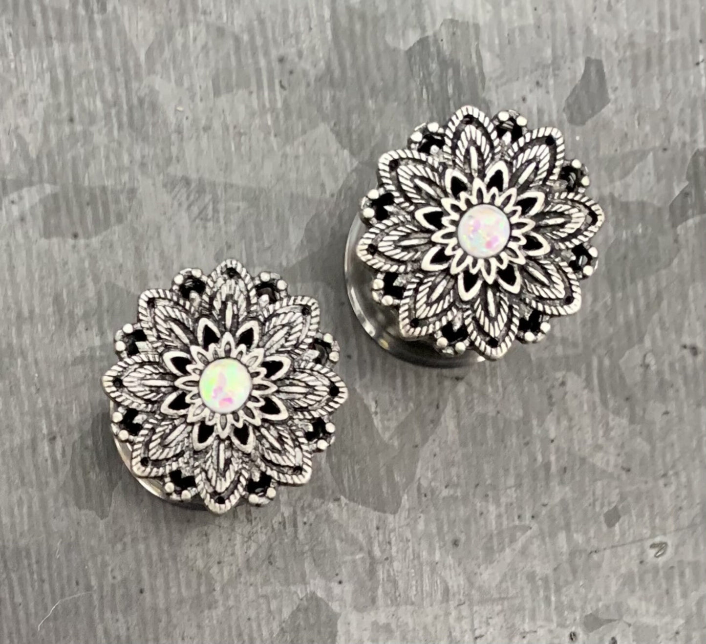 PAIR of Stunning Antique Silver Lotus with Opal Center Surgical Steel Double Flare Tunnels - Gauges 2g (6mm) thru 5/8" (16mm) available!
