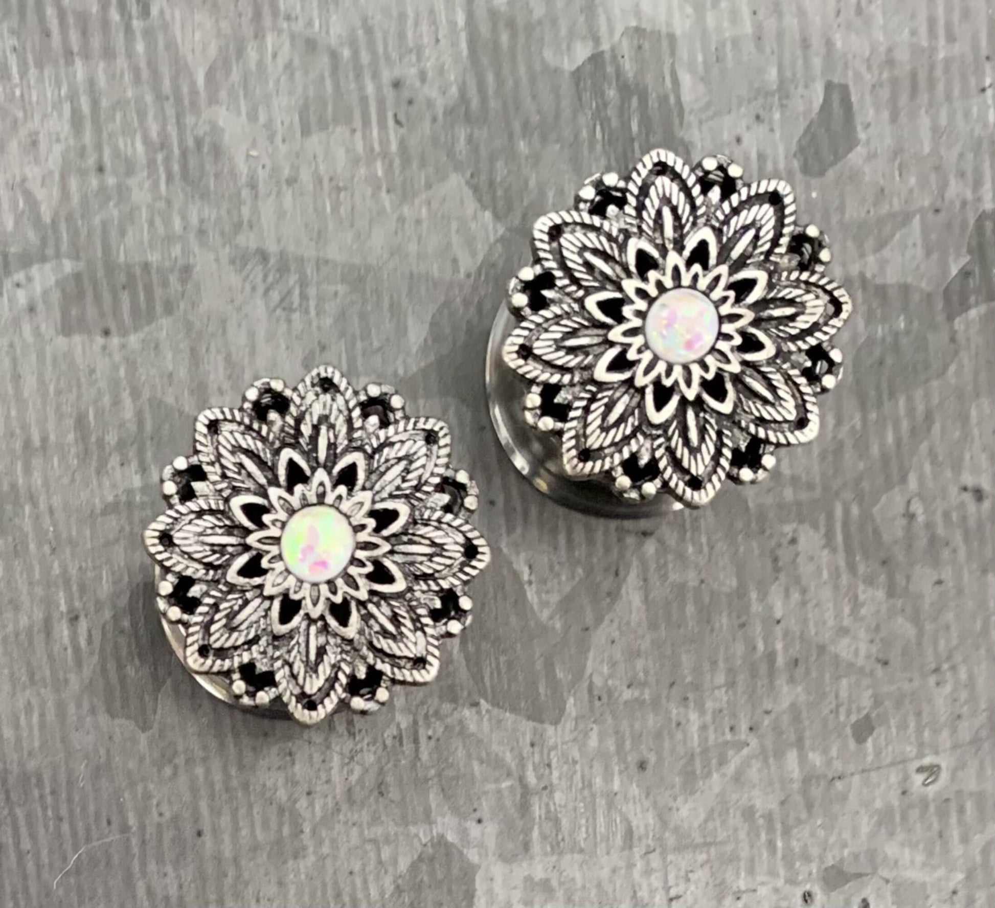PAIR of Stunning Antique Silver Lotus with Opal Center Surgical Steel Double Flare Tunnels - Gauges 2g (6mm) thru 5/8" (16mm) available!