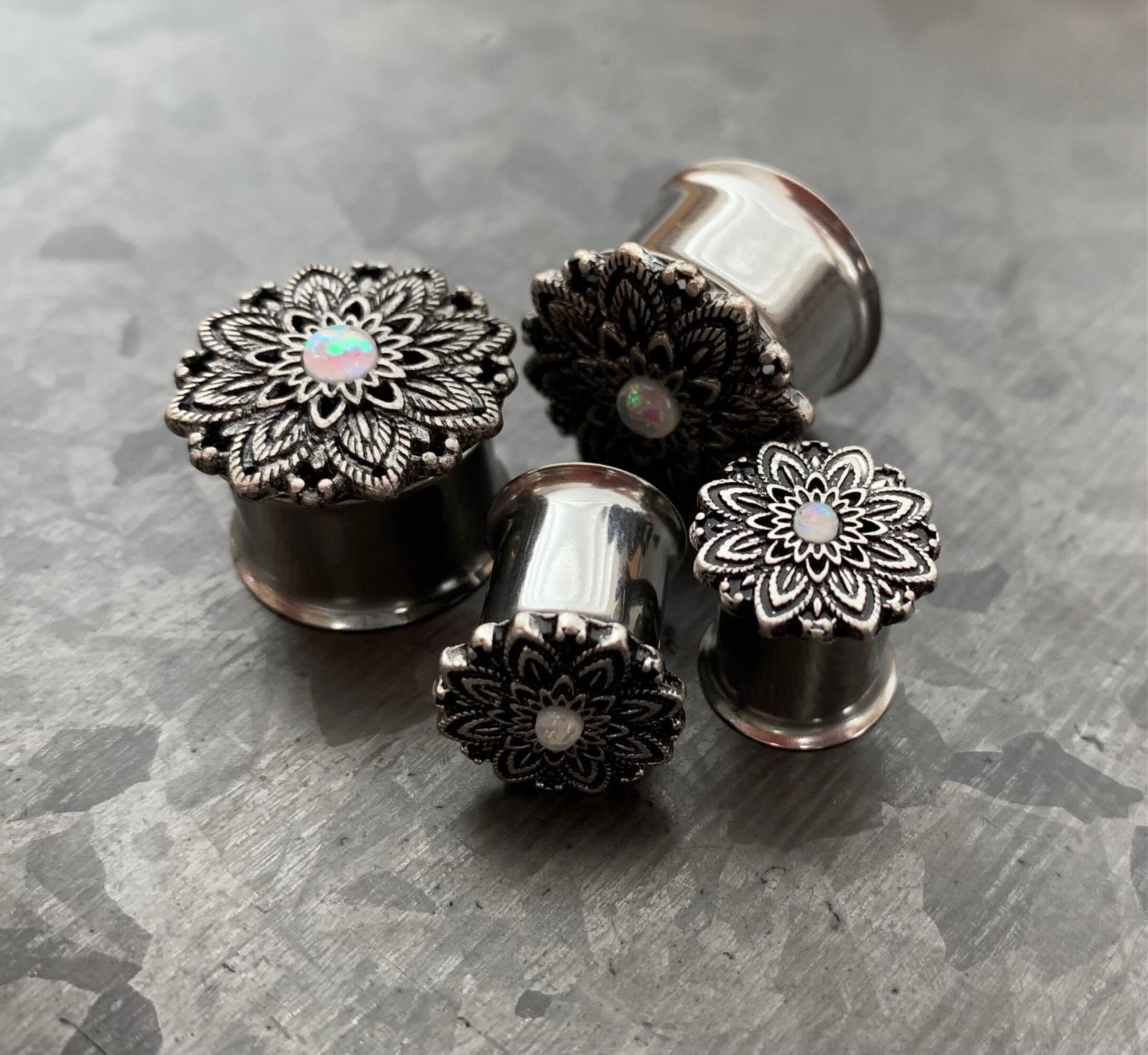 PAIR of Stunning Antique Silver Lotus with Opal Center Surgical Steel Double Flare Tunnels - Gauges 2g (6mm) thru 5/8" (16mm) available!