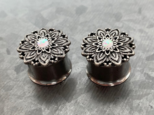 PAIR of Stunning Antique Silver Lotus with Opal Center Surgical Steel Double Flare Tunnels - Gauges 2g (6mm) thru 5/8" (16mm) available!