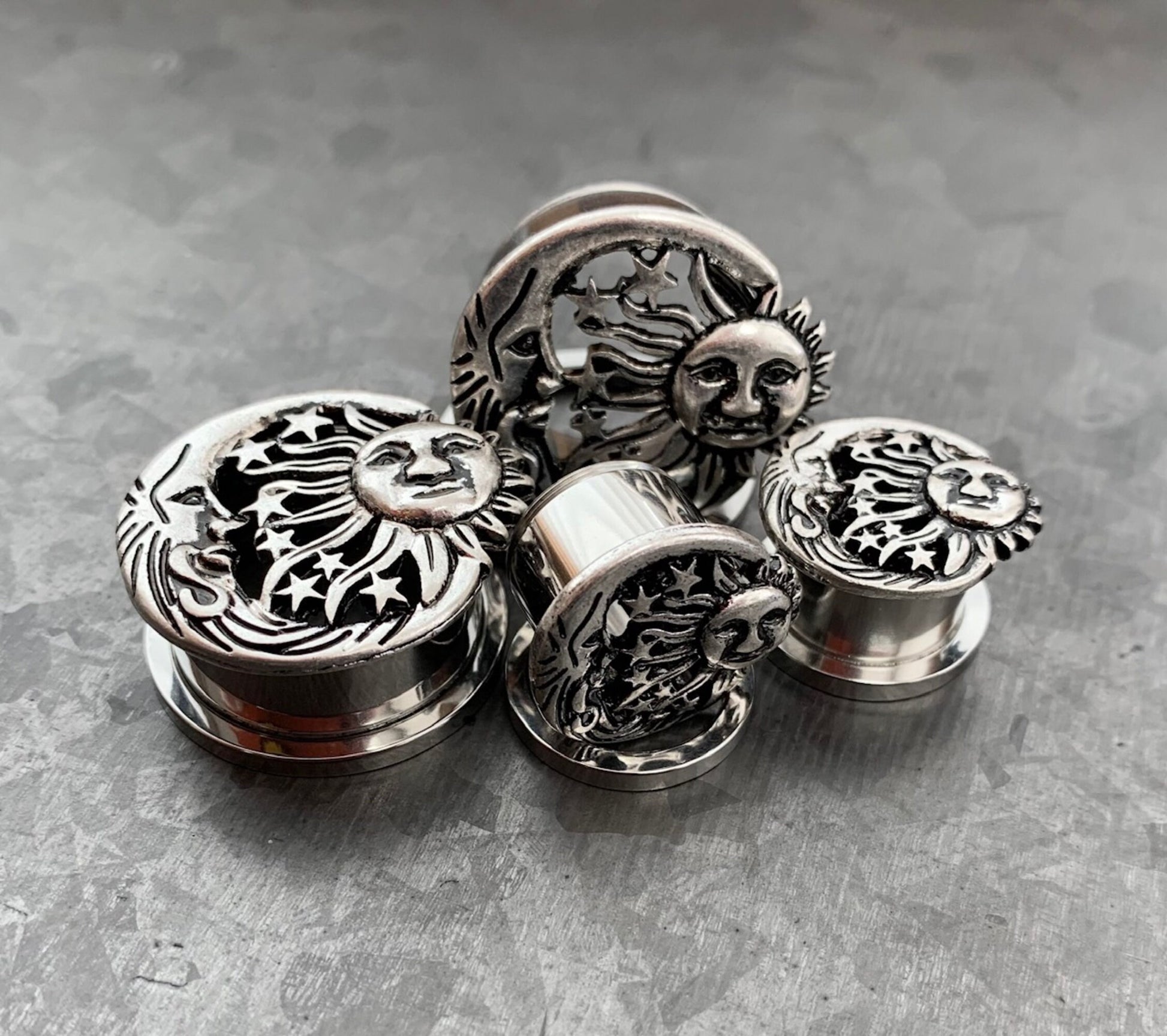 PAIR of Beautiful Moon, Star & Sun Celestial Steel Screw Fit Stainless Steel Tunnels