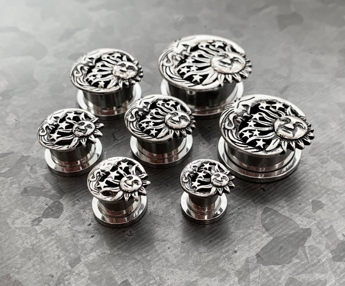 PAIR of Beautiful Moon, Star & Sun Celestial Steel Screw Fit Stainless Steel Tunnels