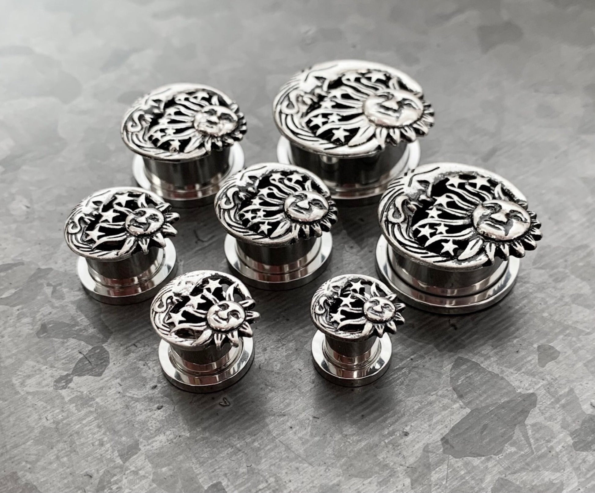 PAIR of Beautiful Moon, Star & Sun Celestial Steel Screw Fit Stainless Steel Tunnels