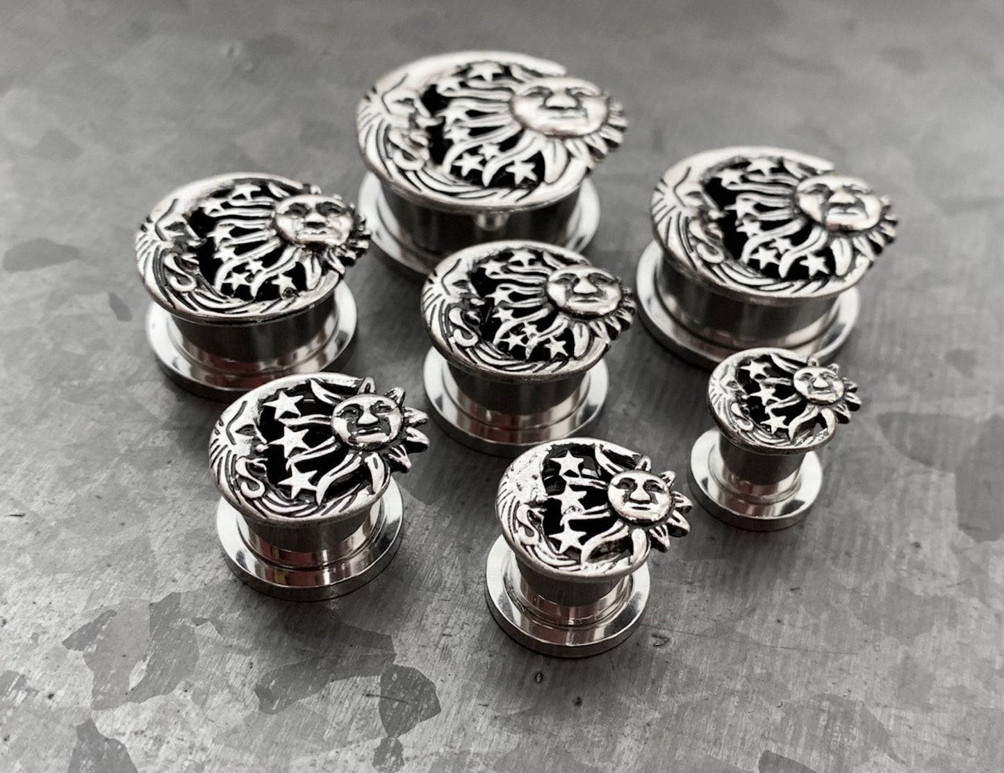 PAIR of Beautiful Moon, Star & Sun Celestial Steel Screw Fit Stainless Steel Tunnels