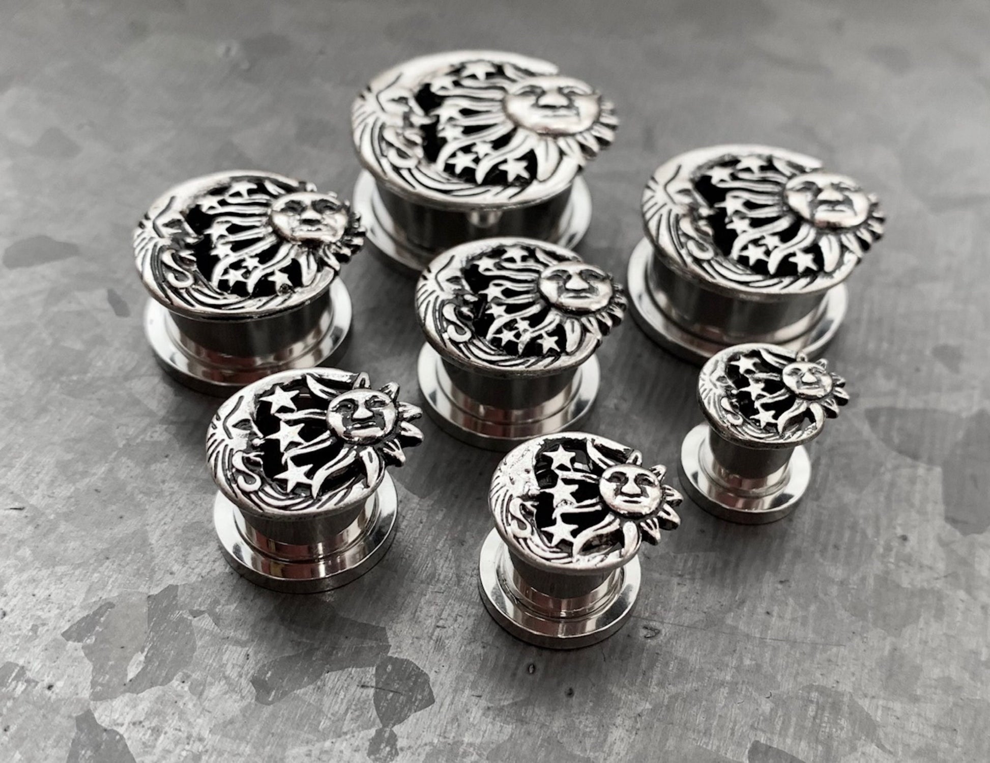 PAIR of Beautiful Moon, Star & Sun Celestial Steel Screw Fit Stainless Steel Tunnels