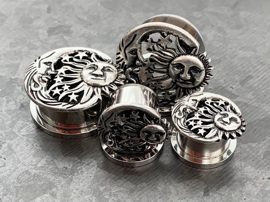 PAIR of Beautiful Moon, Star & Sun Celestial Steel Screw Fit Stainless Steel Tunnels