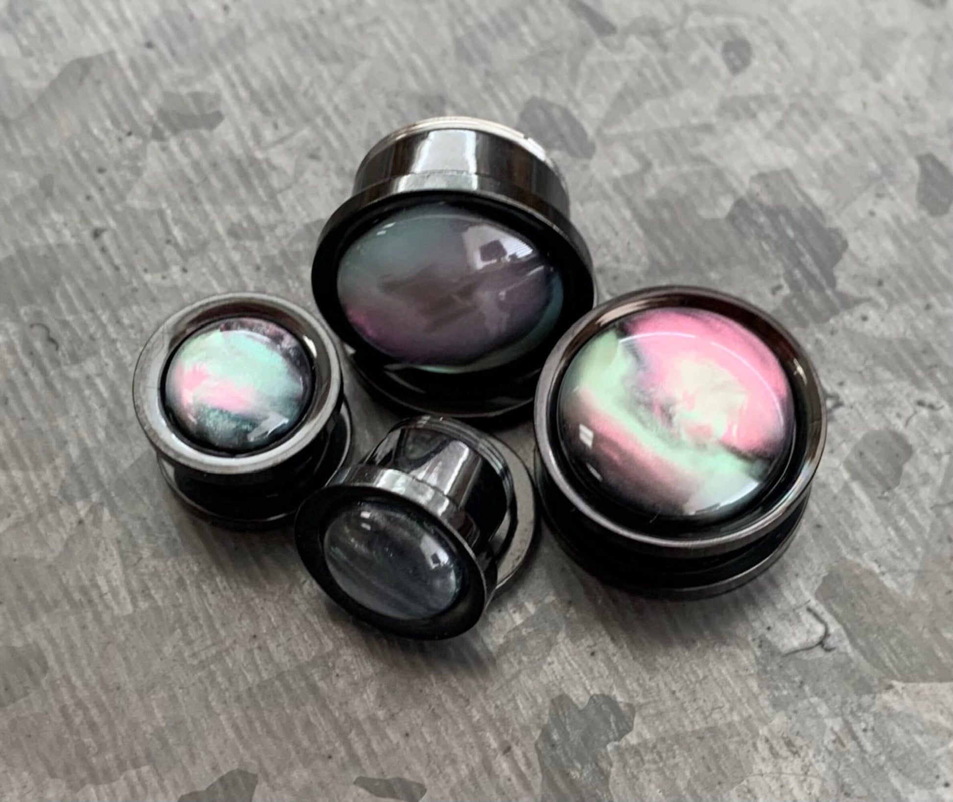 PAIR of Unique Iridescent Shell Black Screw Fit Tunnels/Plugs - Gauges 0g (8mm) thru 5/8" (16mm) available!