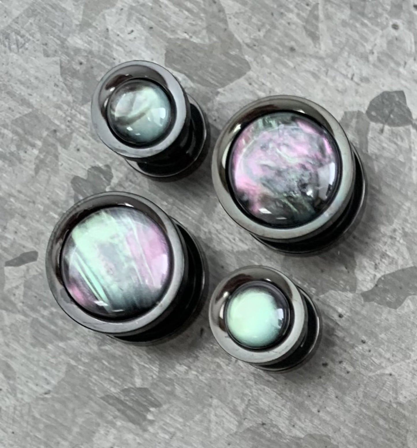 PAIR of Unique Iridescent Shell Black Screw Fit Tunnels/Plugs - Gauges 0g (8mm) thru 5/8" (16mm) available!