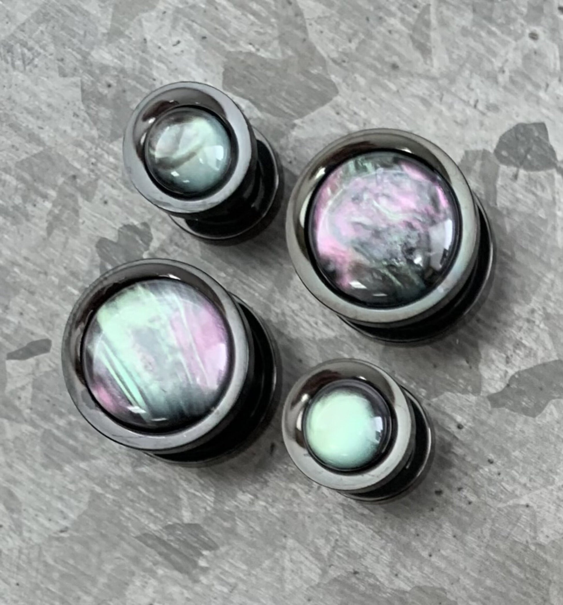 PAIR of Unique Iridescent Shell Black Screw Fit Tunnels/Plugs - Gauges 0g (8mm) thru 5/8" (16mm) available!