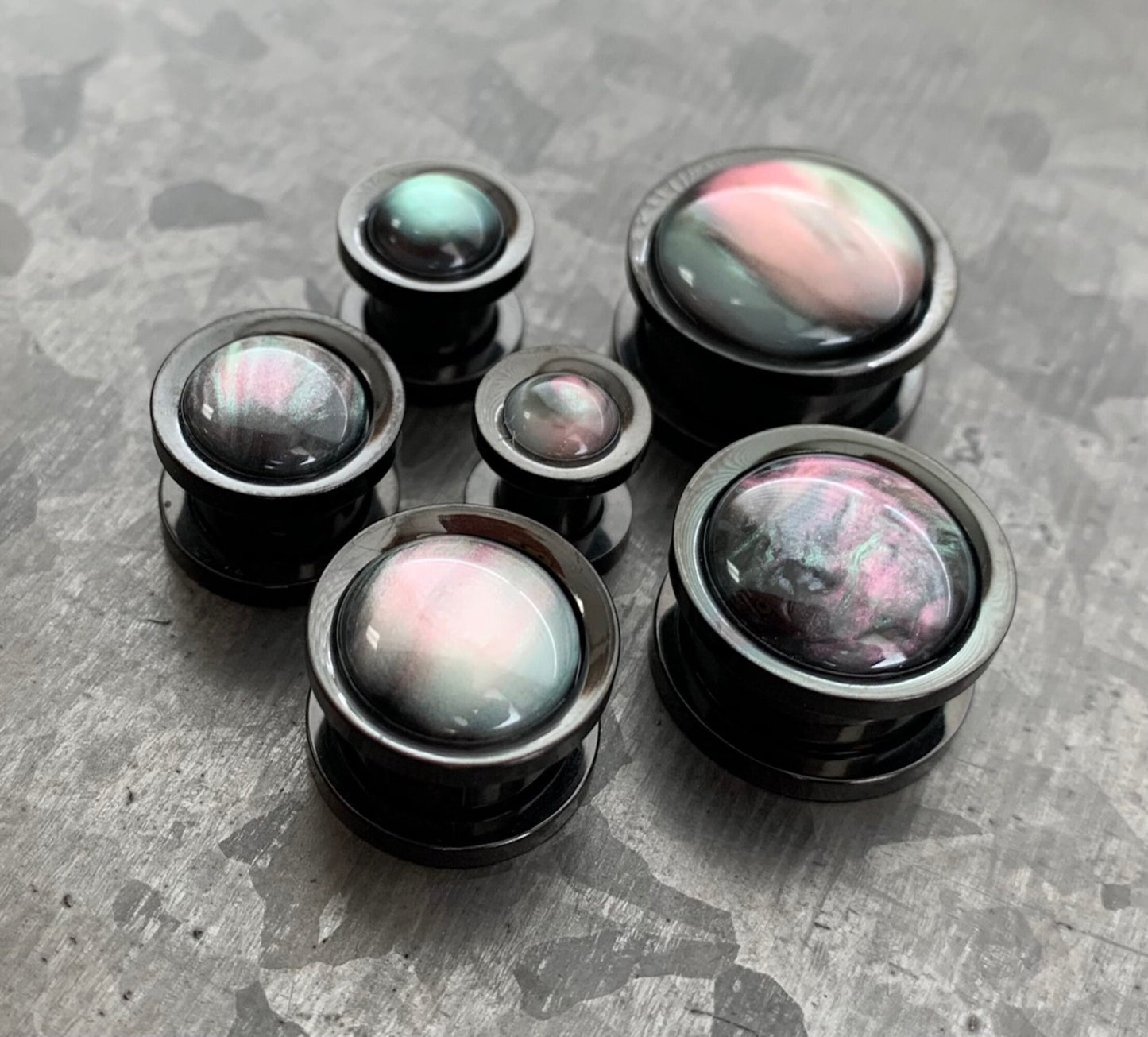 PAIR of Unique Iridescent Shell Black Screw Fit Tunnels/Plugs - Gauges 0g (8mm) thru 5/8" (16mm) available!