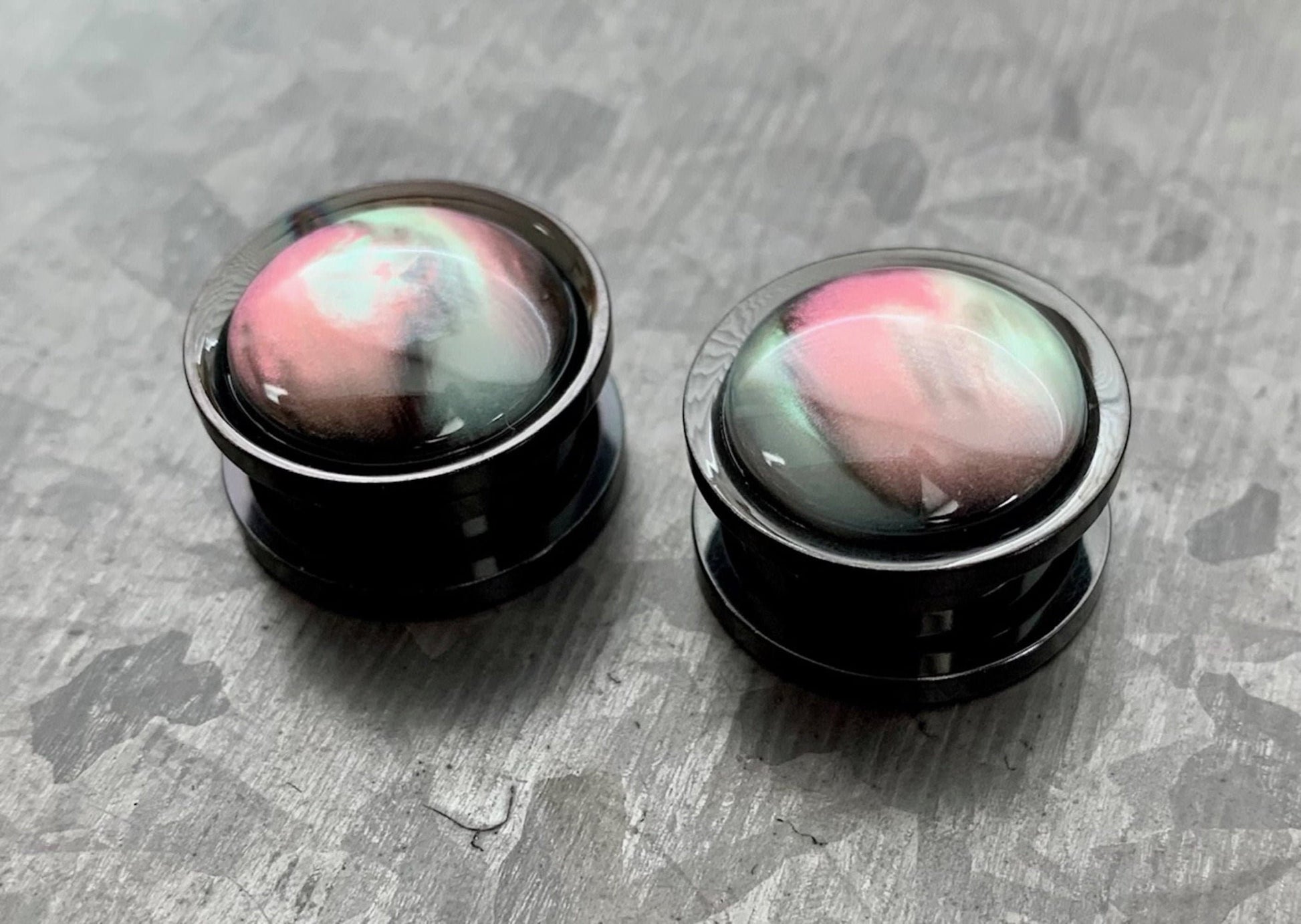 PAIR of Unique Iridescent Shell Black Screw Fit Tunnels/Plugs - Gauges 0g (8mm) thru 5/8" (16mm) available!
