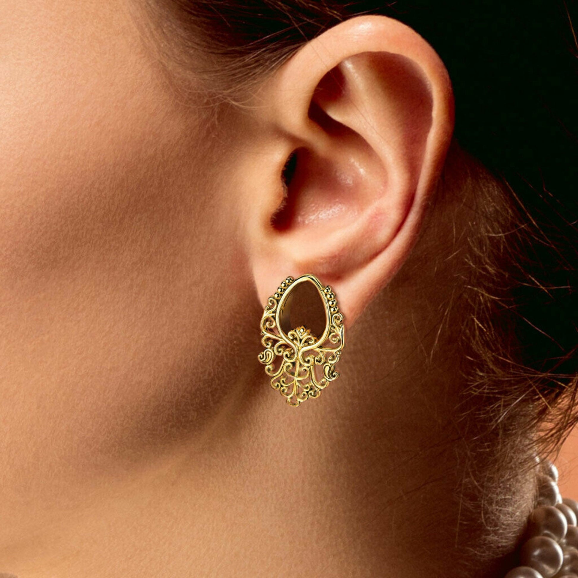 PAIR of Elegant Filigree Teardrop Double Flare Tunnels/Plugs in Silver or Gold - Gauges 0g (8mm) thru 5/8" (16mm) available!