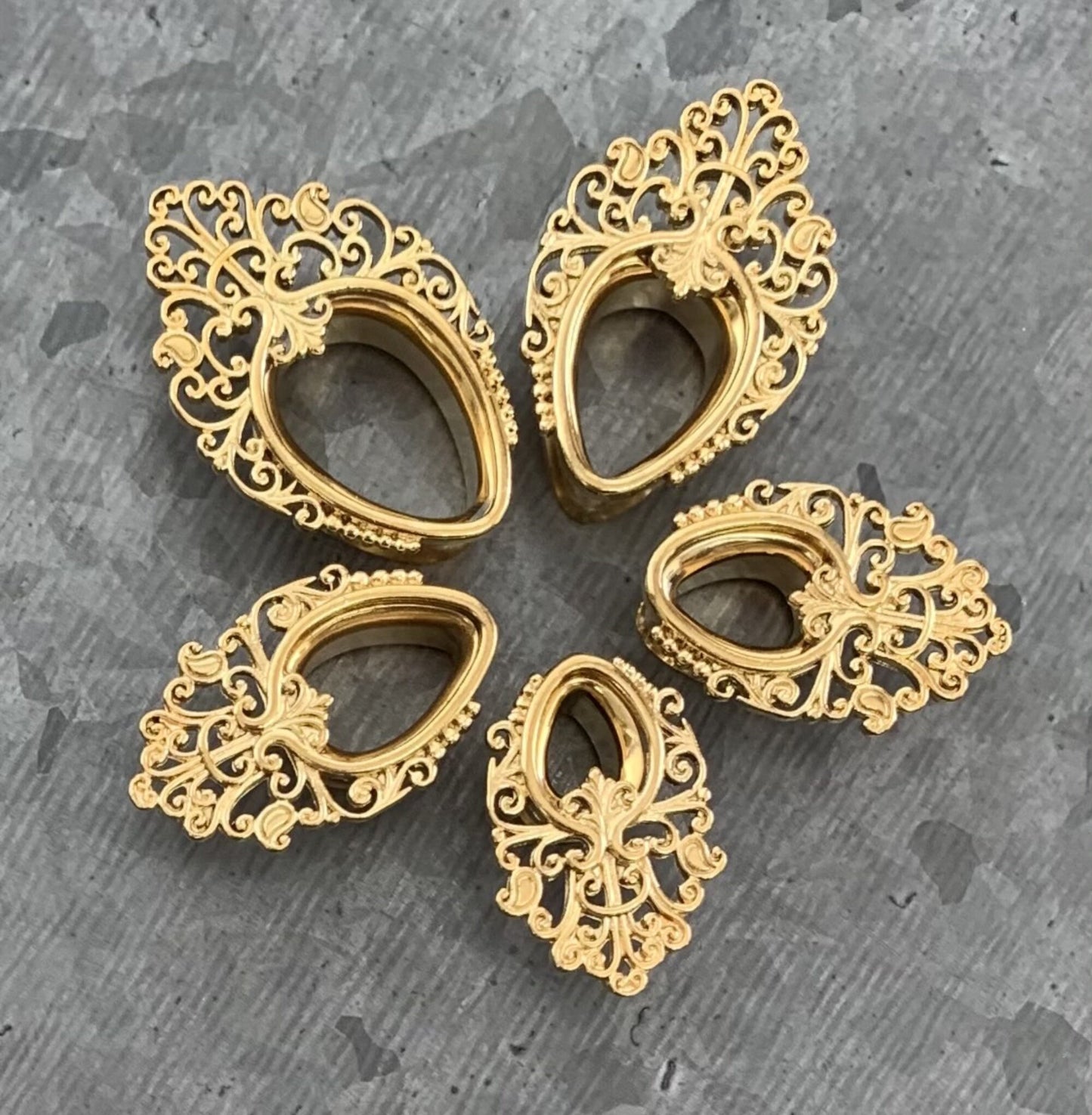 PAIR of Elegant Filigree Teardrop Double Flare Tunnels/Plugs in Silver or Gold - Gauges 0g (8mm) thru 5/8" (16mm) available!