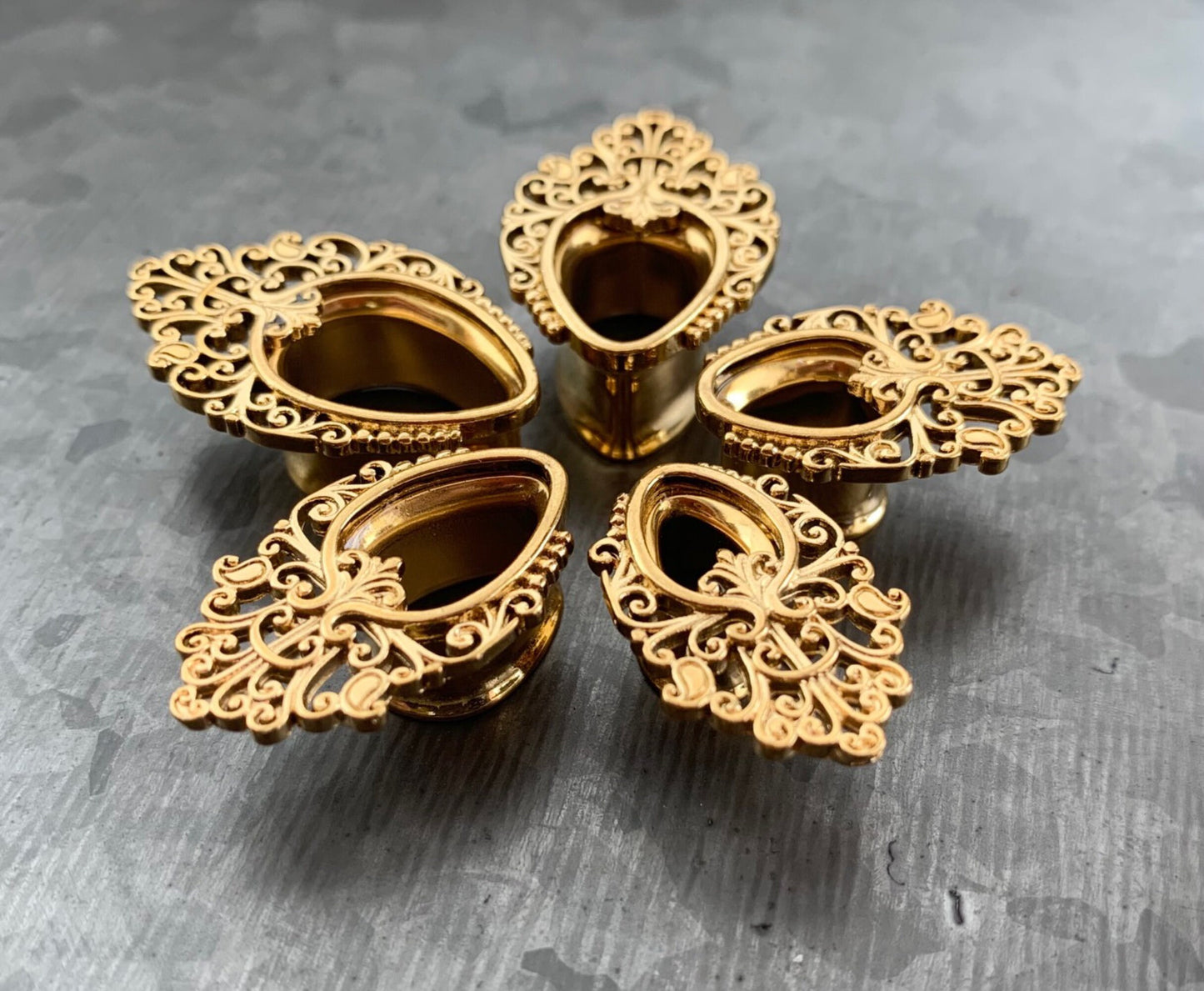 PAIR of Elegant Filigree Teardrop Double Flare Tunnels/Plugs in Silver or Gold - Gauges 0g (8mm) thru 5/8" (16mm) available!