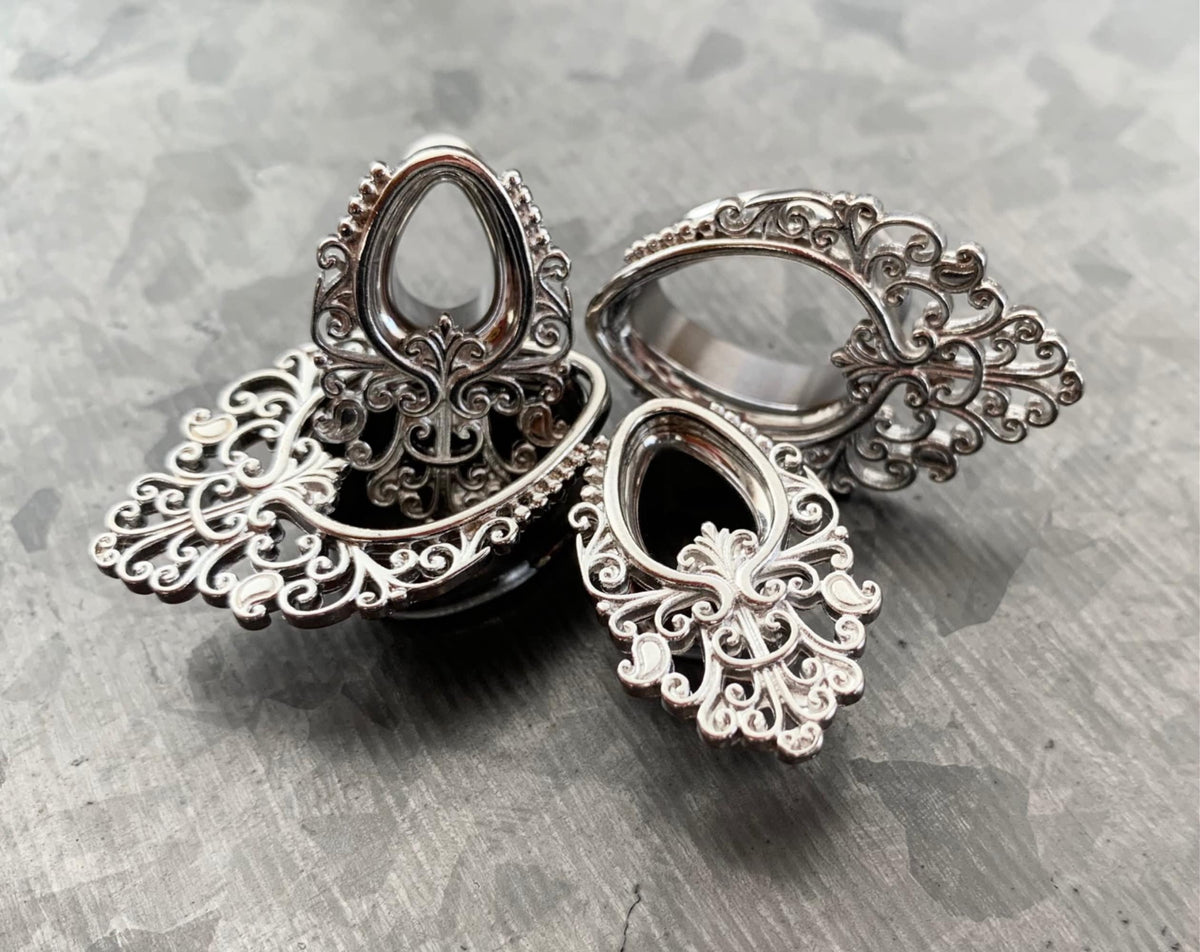 PAIR of Elegant Filigree Teardrop Double Flare Tunnels/Plugs in Silver or Gold - Gauges 0g (8mm) thru 5/8" (16mm) available!