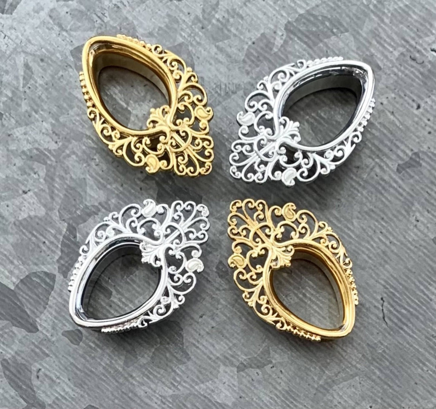 PAIR of Elegant Filigree Teardrop Double Flare Tunnels/Plugs in Silver or Gold - Gauges 0g (8mm) thru 5/8" (16mm) available!