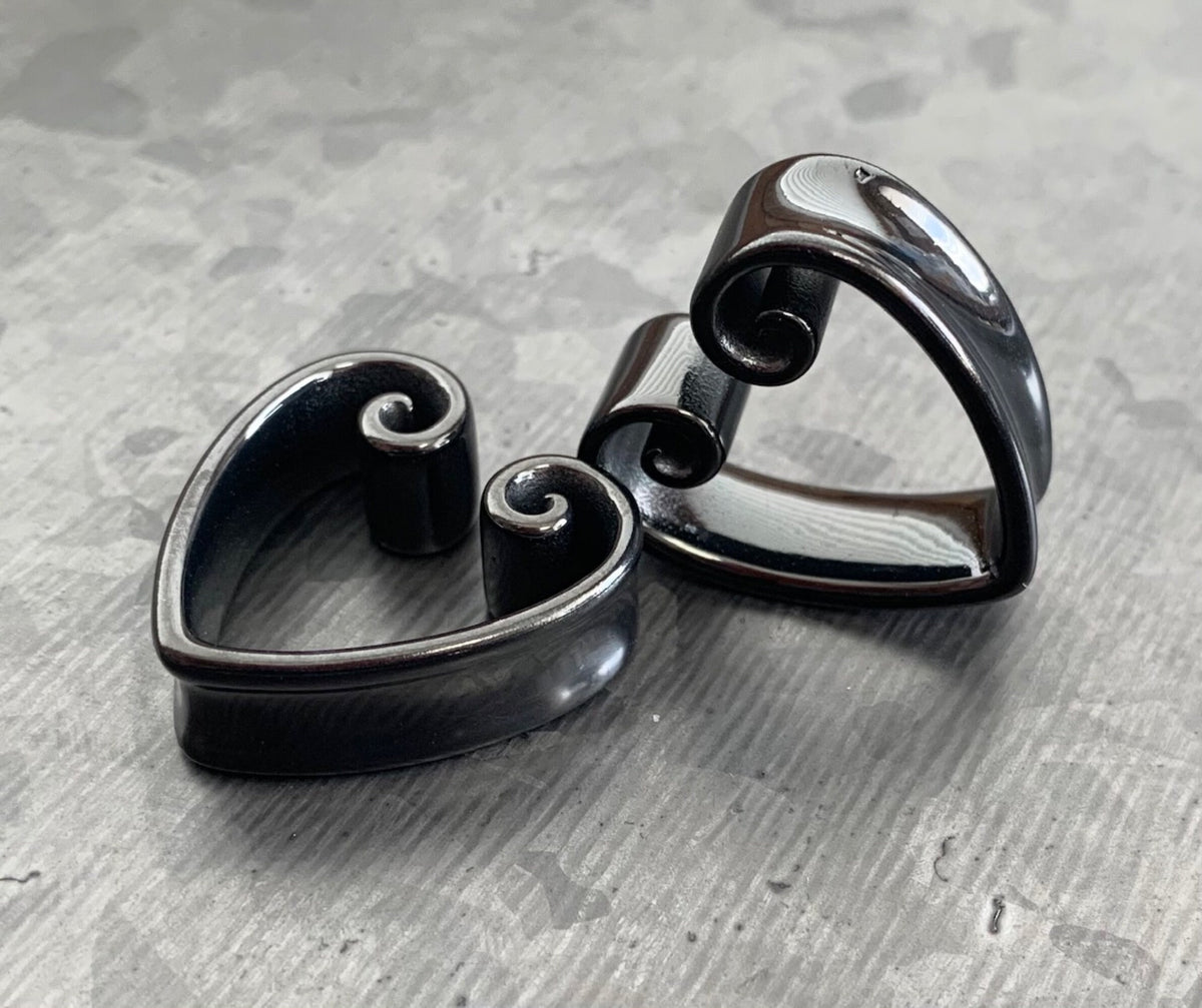 PAIR of Beautiful Vintage Heart Steel Double Flare Saddle Tunnels/Plugs - Silver, Gold & Black - Gauges 00g (10mm) thru 1" (25mm) available!