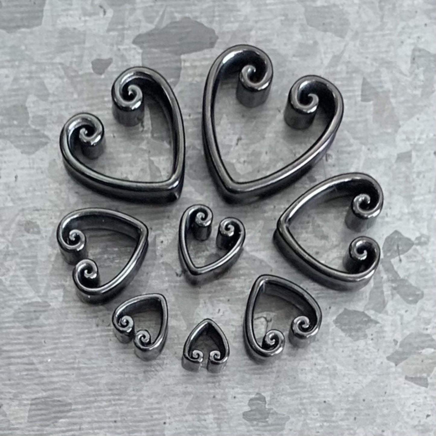PAIR of Beautiful Vintage Heart Steel Double Flare Saddle Tunnels/Plugs - Silver, Gold & Black - Gauges 00g (10mm) thru 1" (25mm) available!