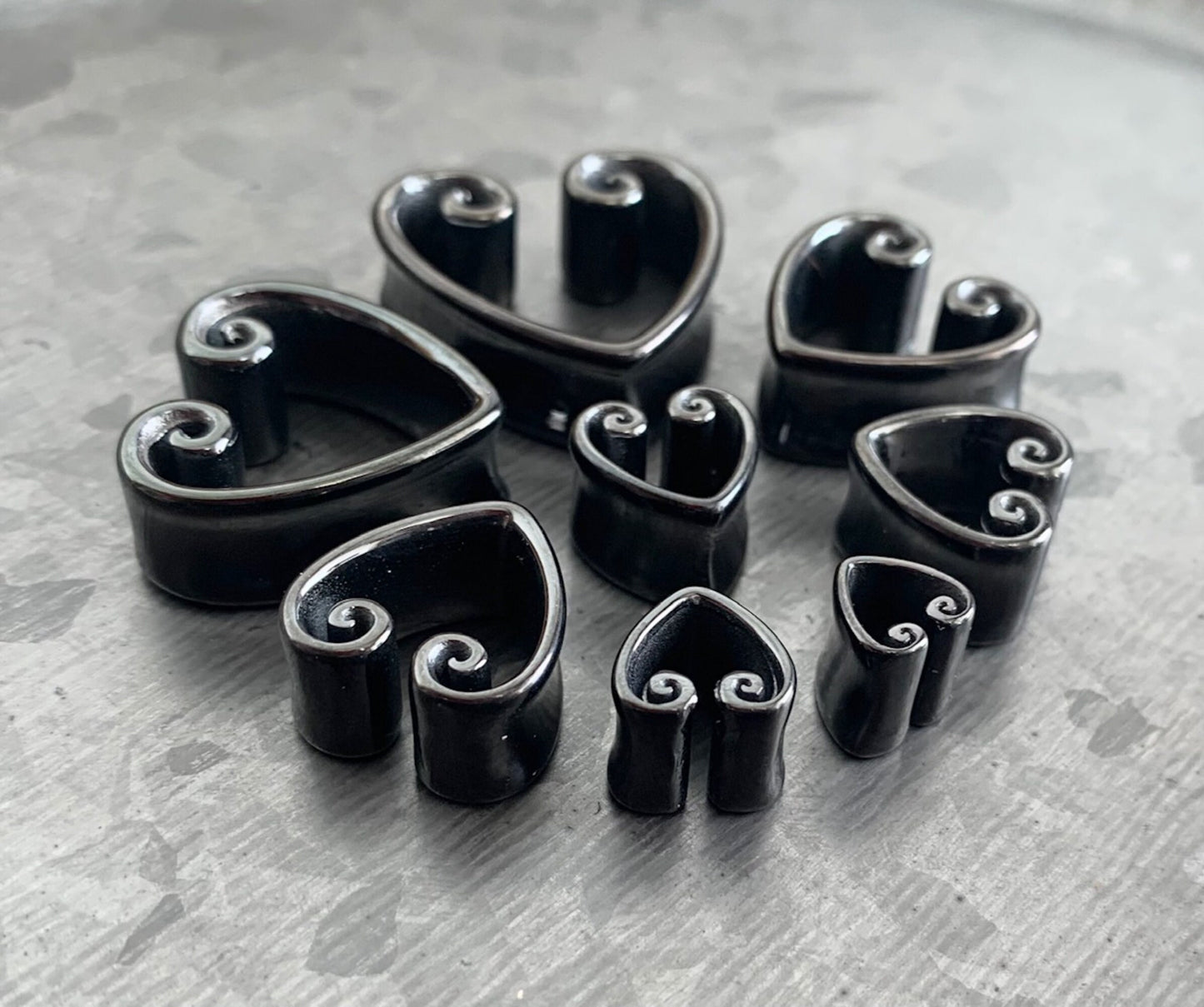 PAIR of Beautiful Vintage Heart Steel Double Flare Saddle Tunnels/Plugs - Silver, Gold & Black - Gauges 00g (10mm) thru 1" (25mm) available!