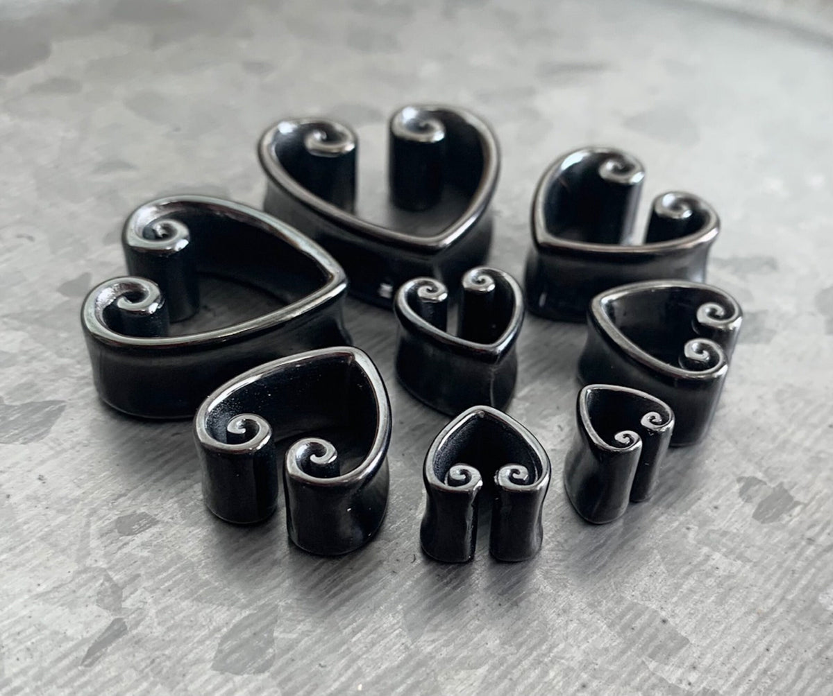 PAIR of Beautiful Vintage Heart Steel Double Flare Saddle Tunnels/Plugs - Silver, Gold & Black - Gauges 00g (10mm) thru 1" (25mm) available!