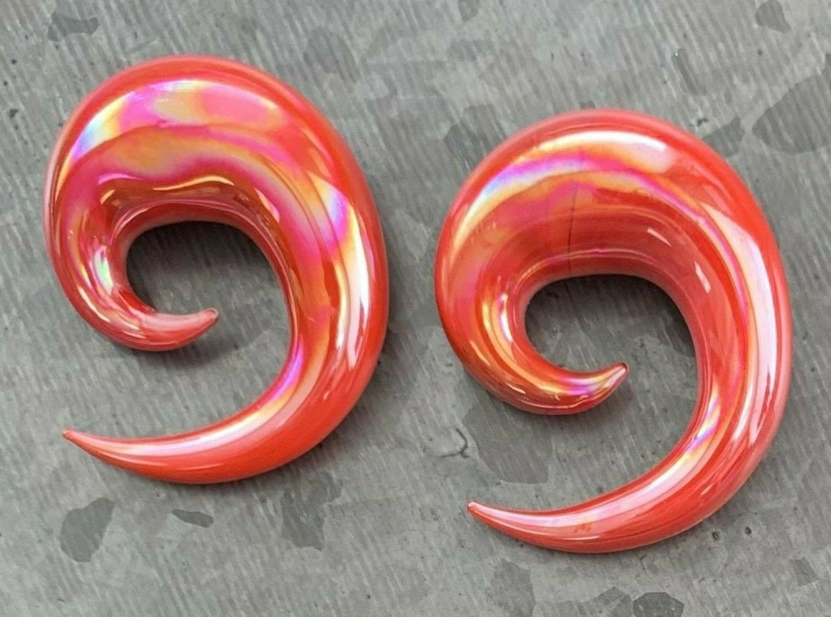 PAIR of Stunning Red Lucifer Glass Spiral Taper Plugs - Expanders Gauges