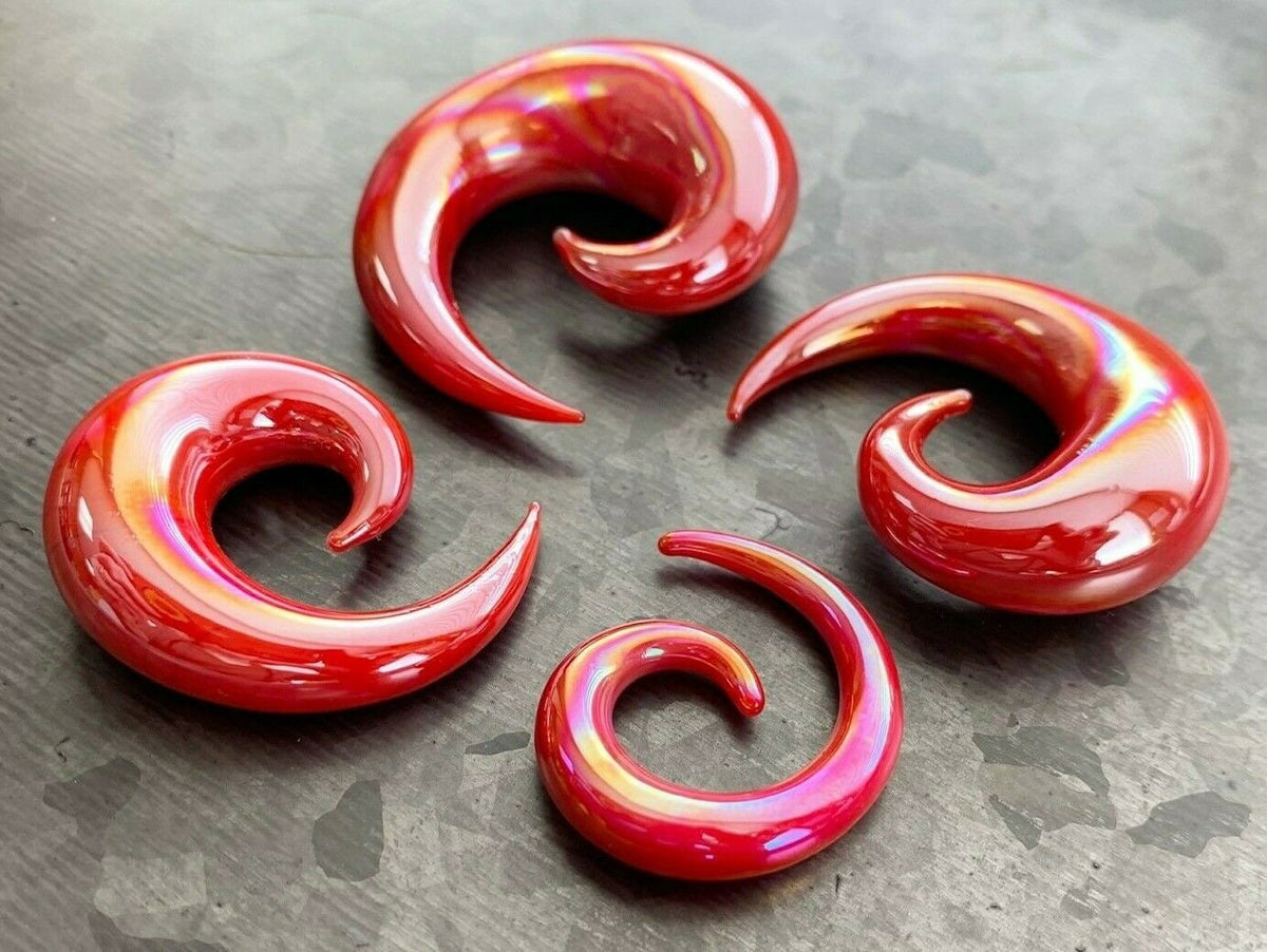 PAIR of Stunning Red Lucifer Glass Spiral Taper Plugs - Expanders Gauges