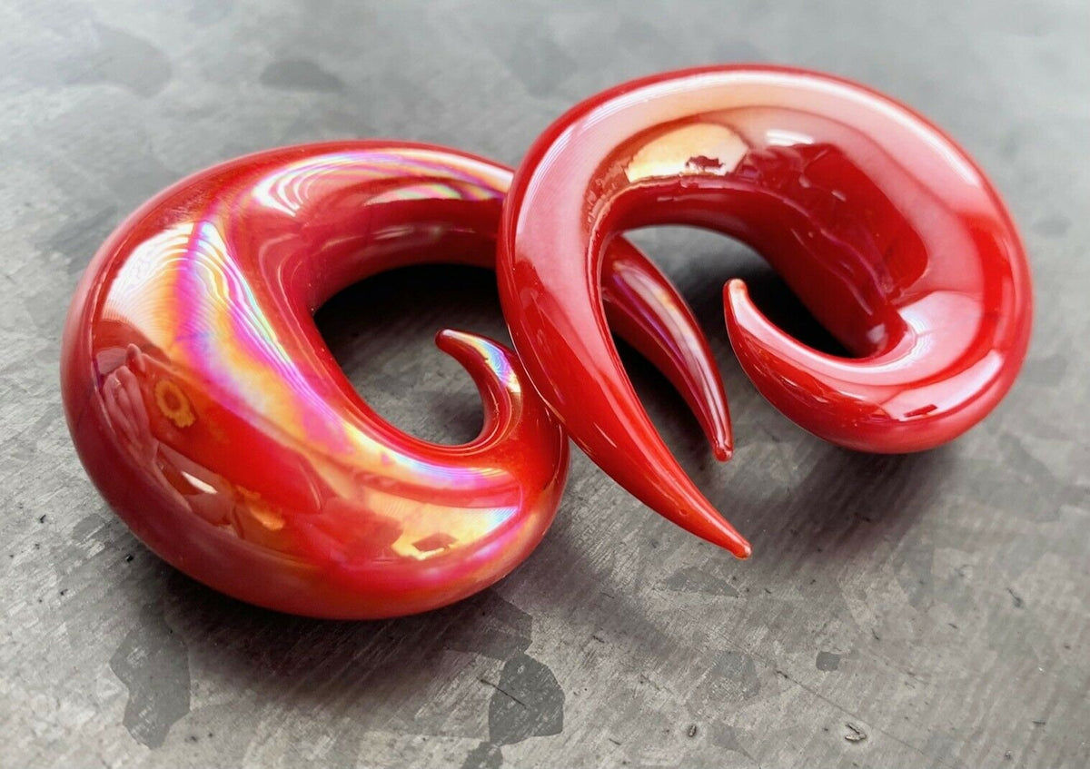 PAIR of Stunning Red Lucifer Glass Spiral Taper Plugs - Expanders Gauges