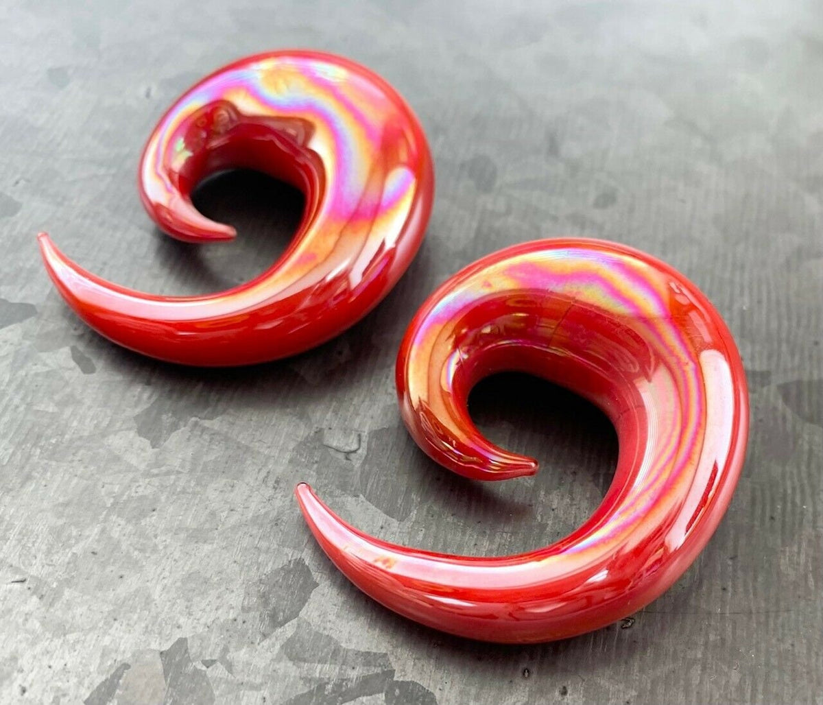 PAIR of Stunning Red Lucifer Glass Spiral Taper Plugs - Expanders Gauges