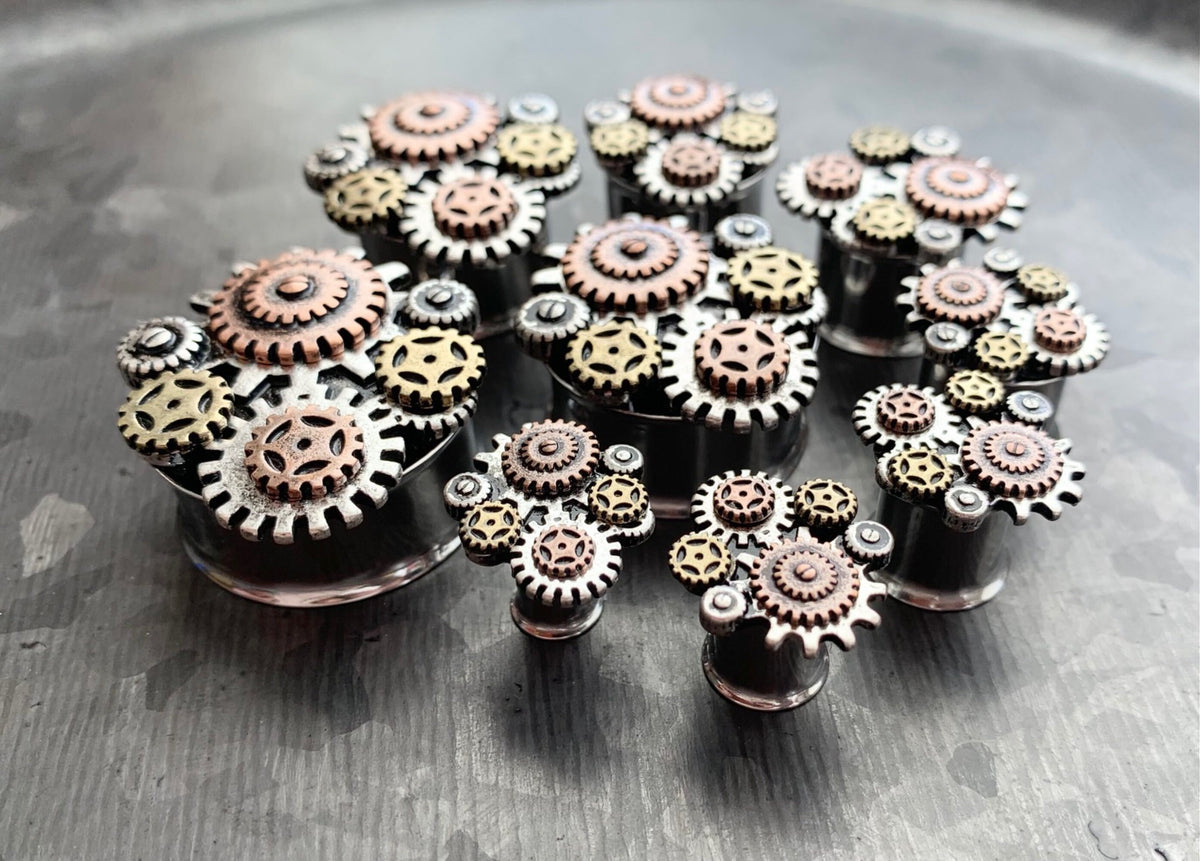 PAIR of Unique Steampunk Gear Surgical Steel Double Flare Tunnels/Plugs - Gauges 2g (6mm) thru 1" (25mm) available!