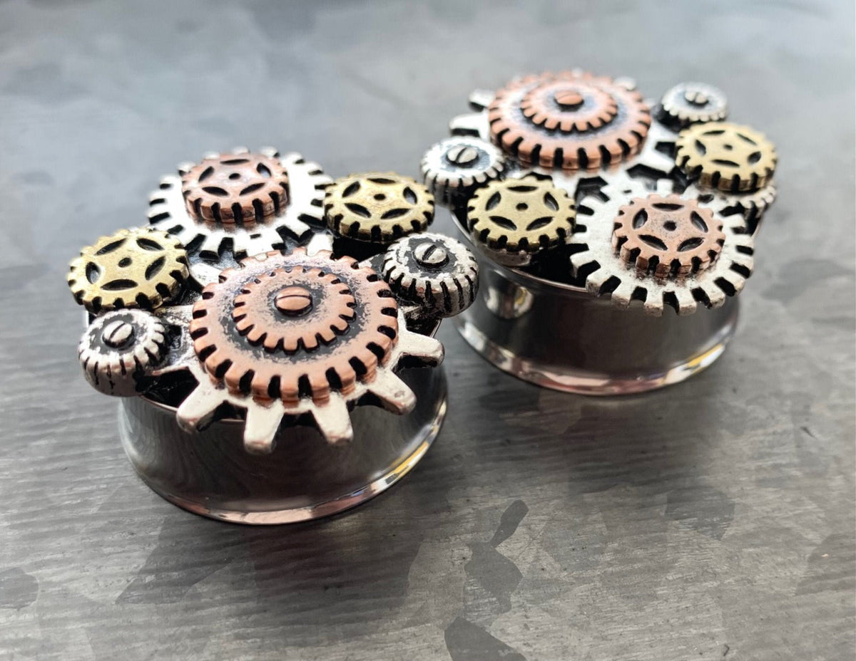 PAIR of Unique Steampunk Gear Surgical Steel Double Flare Tunnels/Plugs - Gauges 2g (6mm) thru 1" (25mm) available!