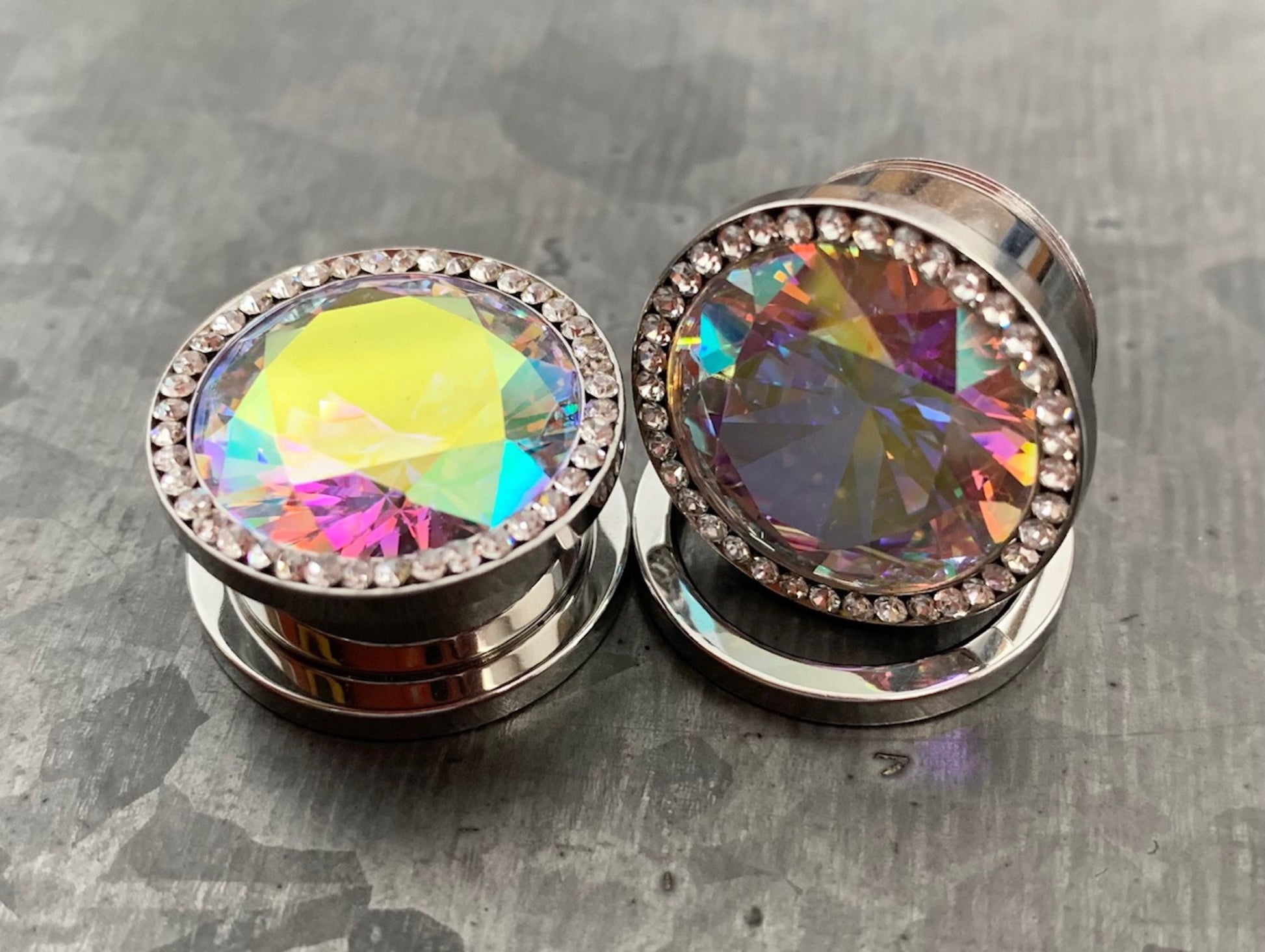 PAIR of Unique Steel Screw Fit Plugs with Large Aurora Borealis CZ Gem Surrounded by a CZ Rim - Gauges 8g (3.2) thru 5/8" (16mm) available!