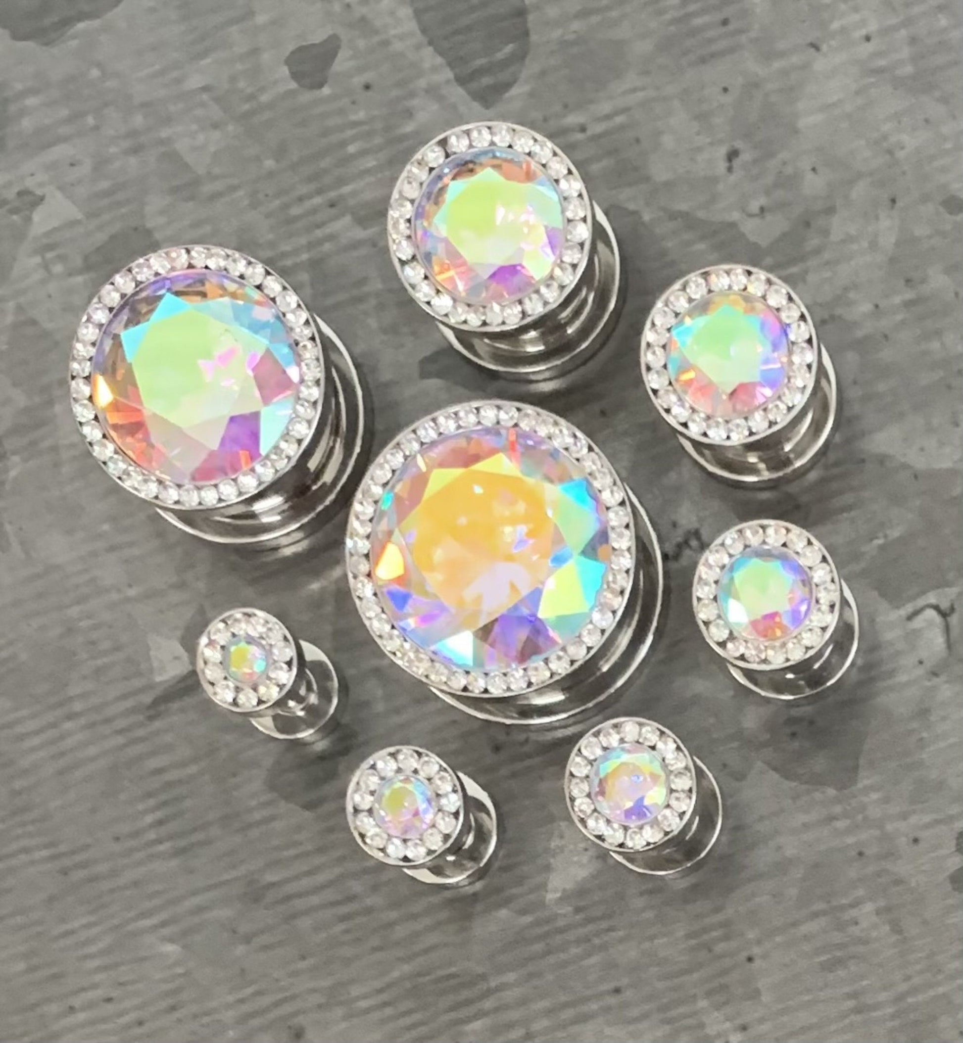 PAIR of Unique Steel Screw Fit Plugs with Large Aurora Borealis CZ Gem Surrounded by a CZ Rim - Gauges 8g (3.2) thru 5/8" (16mm) available!