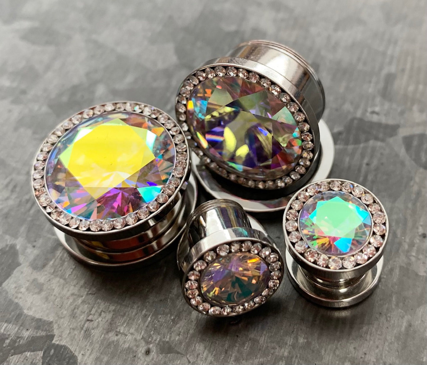 PAIR of Unique Steel Screw Fit Plugs with Large Aurora Borealis CZ Gem Surrounded by a CZ Rim - Gauges 8g (3.2) thru 5/8" (16mm) available!
