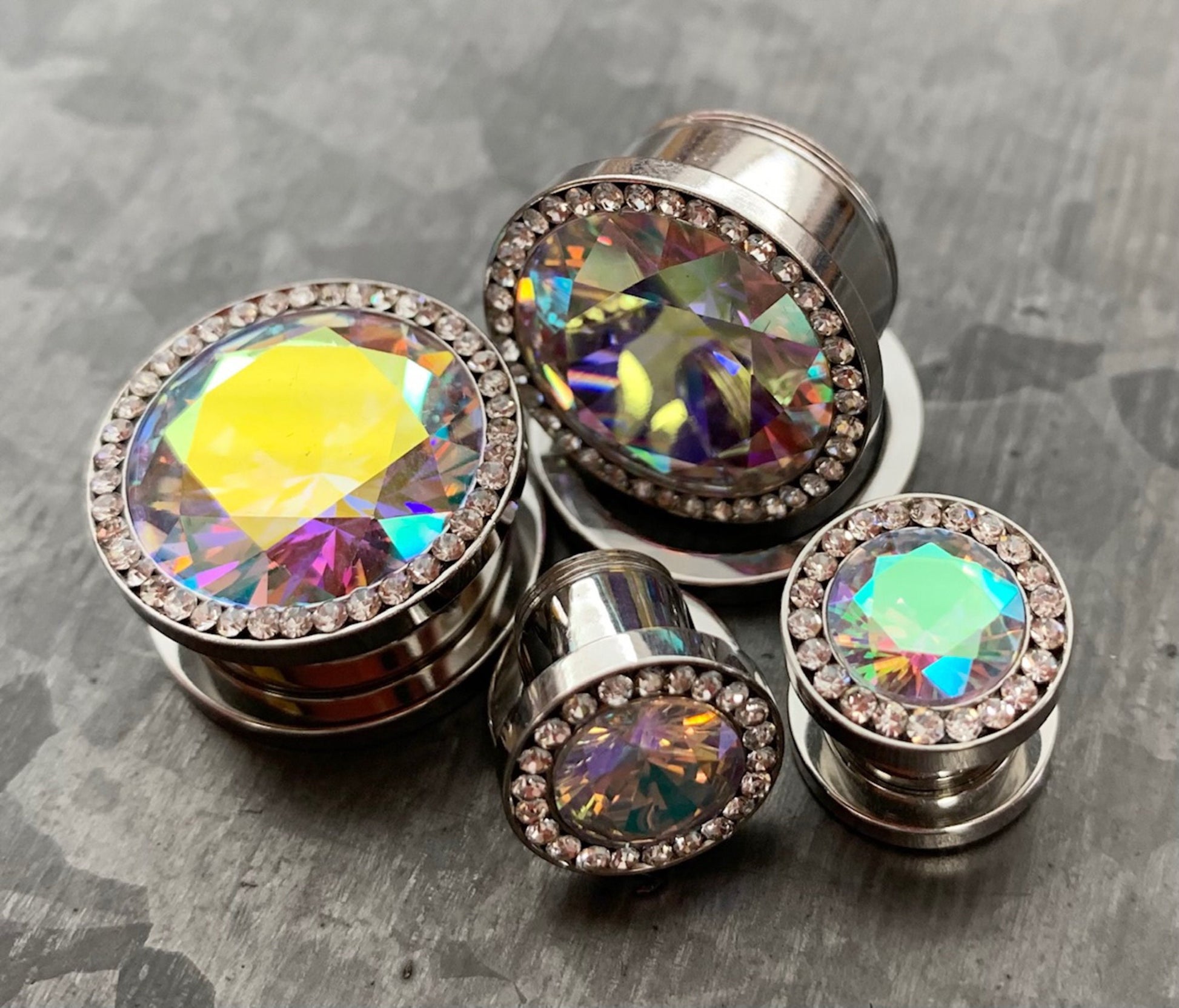 PAIR of Unique Steel Screw Fit Plugs with Large Aurora Borealis CZ Gem Surrounded by a CZ Rim - Gauges 8g (3.2) thru 5/8" (16mm) available!